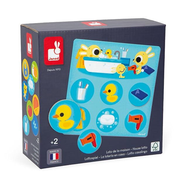 Janod - Lotería en Casa - 4 Láminas y 24 Fichas de Cartón - Juego Educativo - Vocabulario y Concentración
