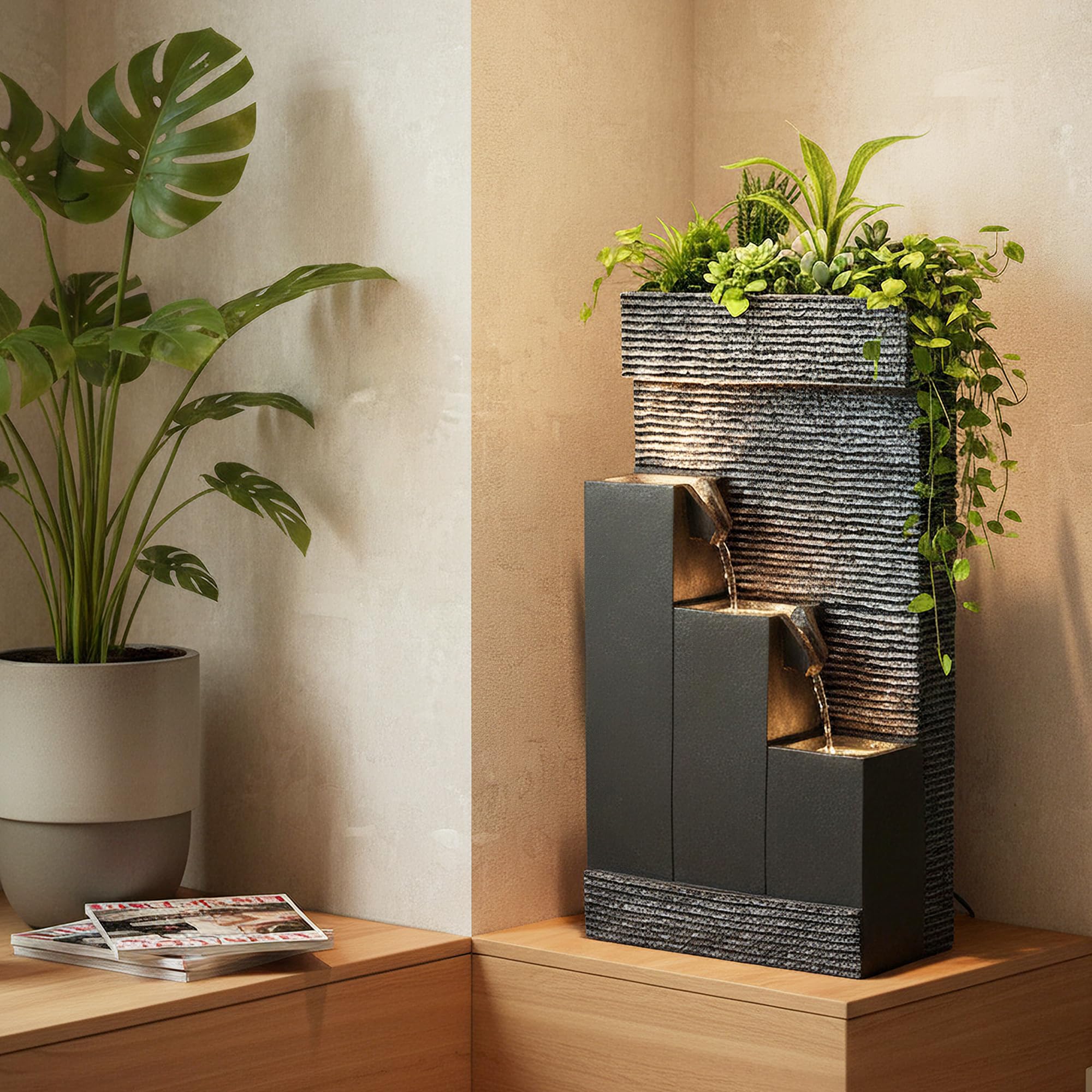 Arnusa BK845 Fuente de jardín con iluminación LED, Fuente de jardín con Lavabo Decorativo, Fuente de Interior, Fuente para Uso Interior y Exterior, Decoración de jardín