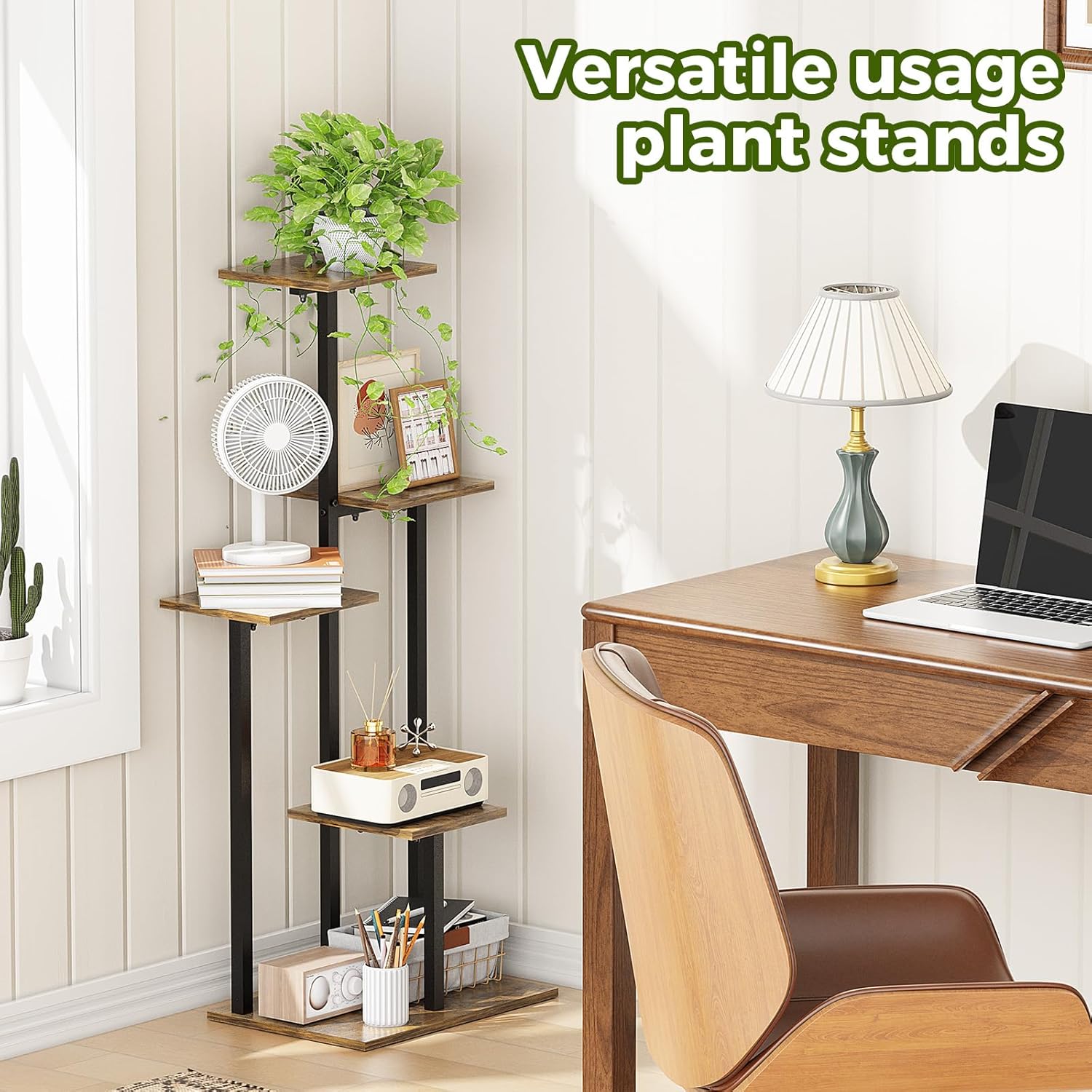 Plant Stand 5 Tier, Plant Stands Indoor, Tall Corner Ladder Shelf for Multiple Plants, Metal Tiered Flower Pot Stand Outdoor for Living Room Garden Balcony Patio Boho Decor, Tiger-Stripe Wood
