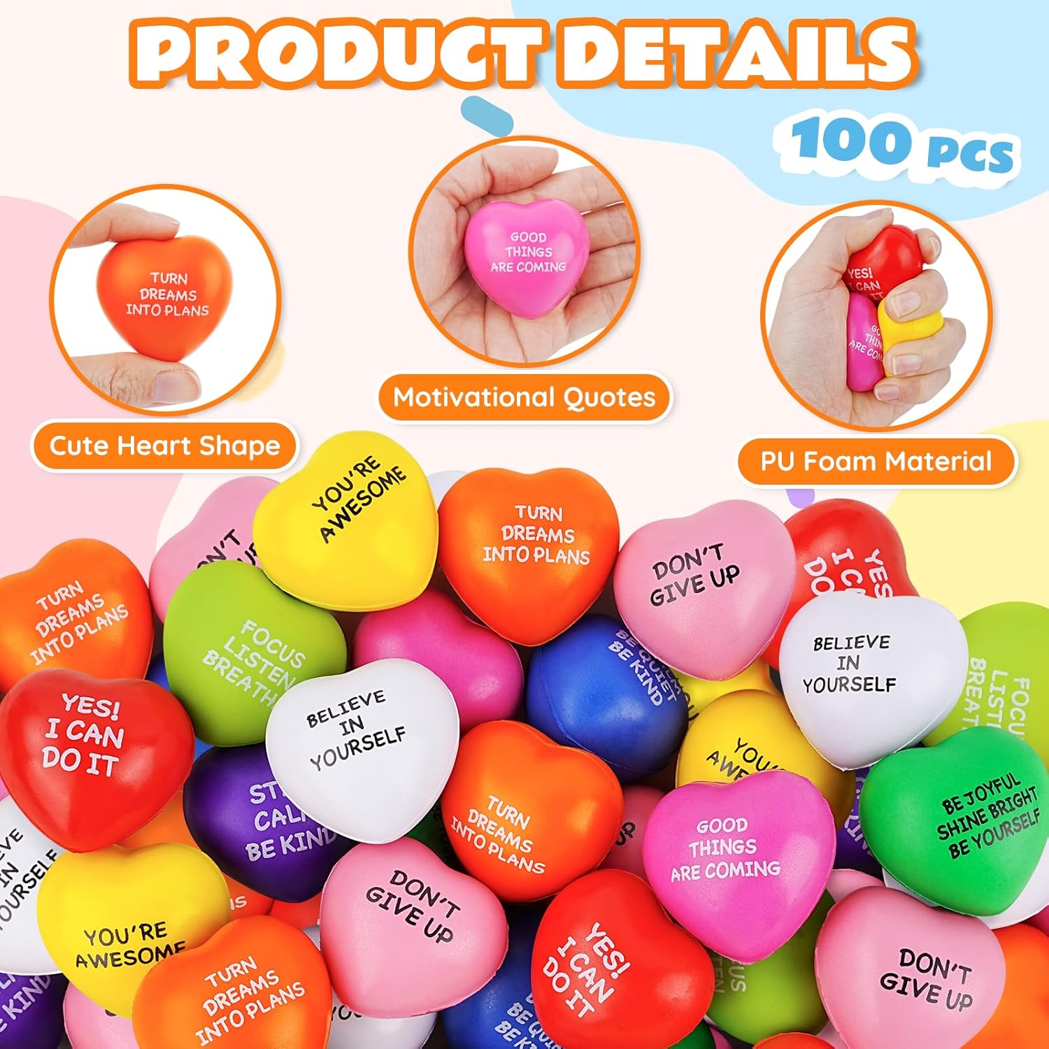 Stress Balls, 100PCS Bulk Heart Stress Balls, Stress Balls for Adults & Kids, Motivational Quotes Soft Foam Stress Relief Squeeze Toys, Office Classroom Stress Relief Gifts, Perfect Party Favors - Image 3