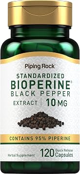 مكمل الأنابيب Bioperine 10mg | 120 كبسولة | مستخلص الفلفل الأسود | 95٪ Piperine | خالي من الغلوتين ، غير معدّل وراثيًا