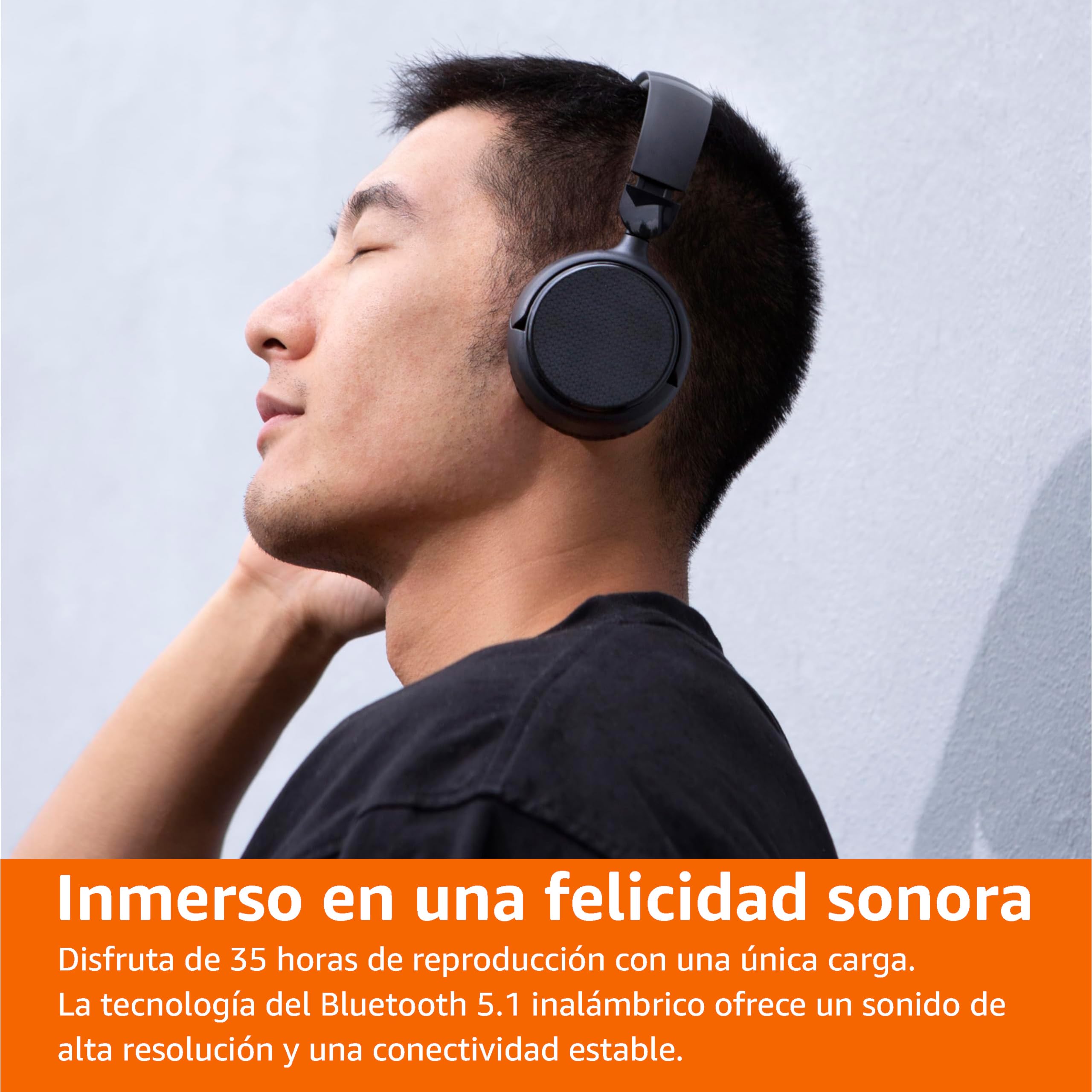 Amazon Basics auriculares inalámbricos Bluetooth 5.1, supraaurales, 35 horas de reproducción, ligeros y ajustables para viajes, oficina, teléfono móvil o PC, color negro