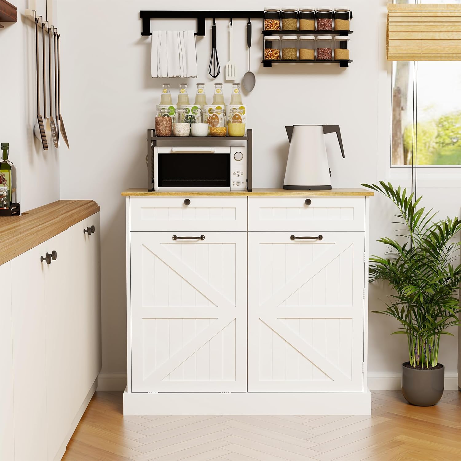 Tilt Out Trash Can Cabinet, Kitchen Trash Can Cabinet with Two Drawers – Freestanding Organizer for 10-Gallon Cans in Kitchen, Laundry, Pantry