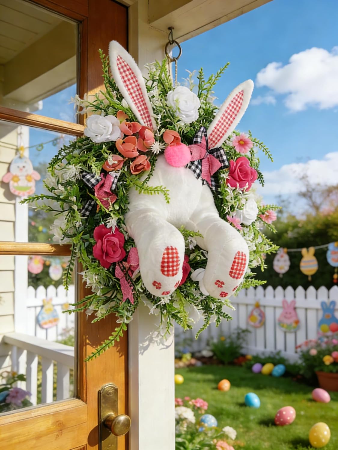 Easter Bunny Butt Wreath, Spring Door Decoration Kit, Colorful Ribbon and Floral Design, 18 x 15.8 Inches, Indoor Outdoor Welcome Sign - Image 3