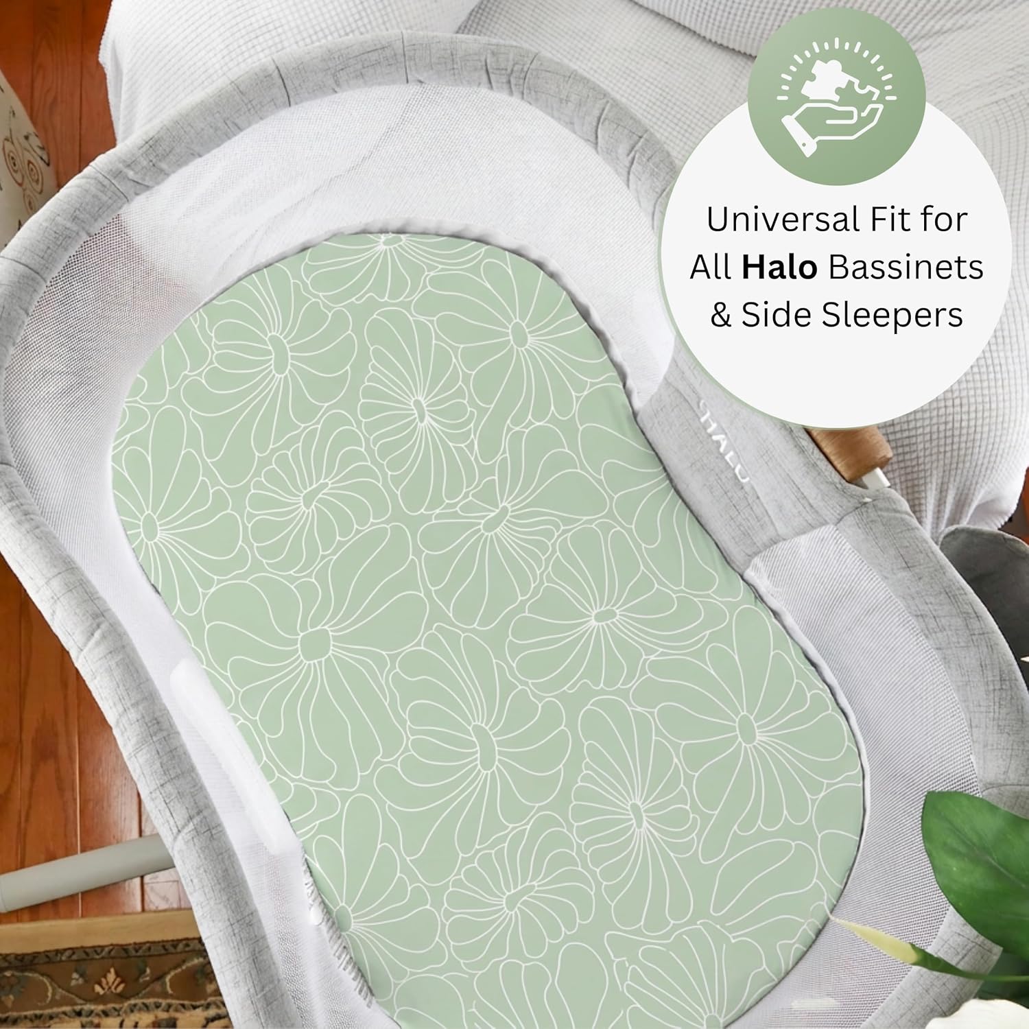 TansyPanda Halo Bassinet Sheets for BassiNest Swivel, Luxe, Soothing, Lite, Connected, Essential Sleeper, 3PC, 33X17 in, Breathable, Skin Friendly, Ultra Soft, Snug Fit, Unisex Boys Girls, Green Leaf image 2