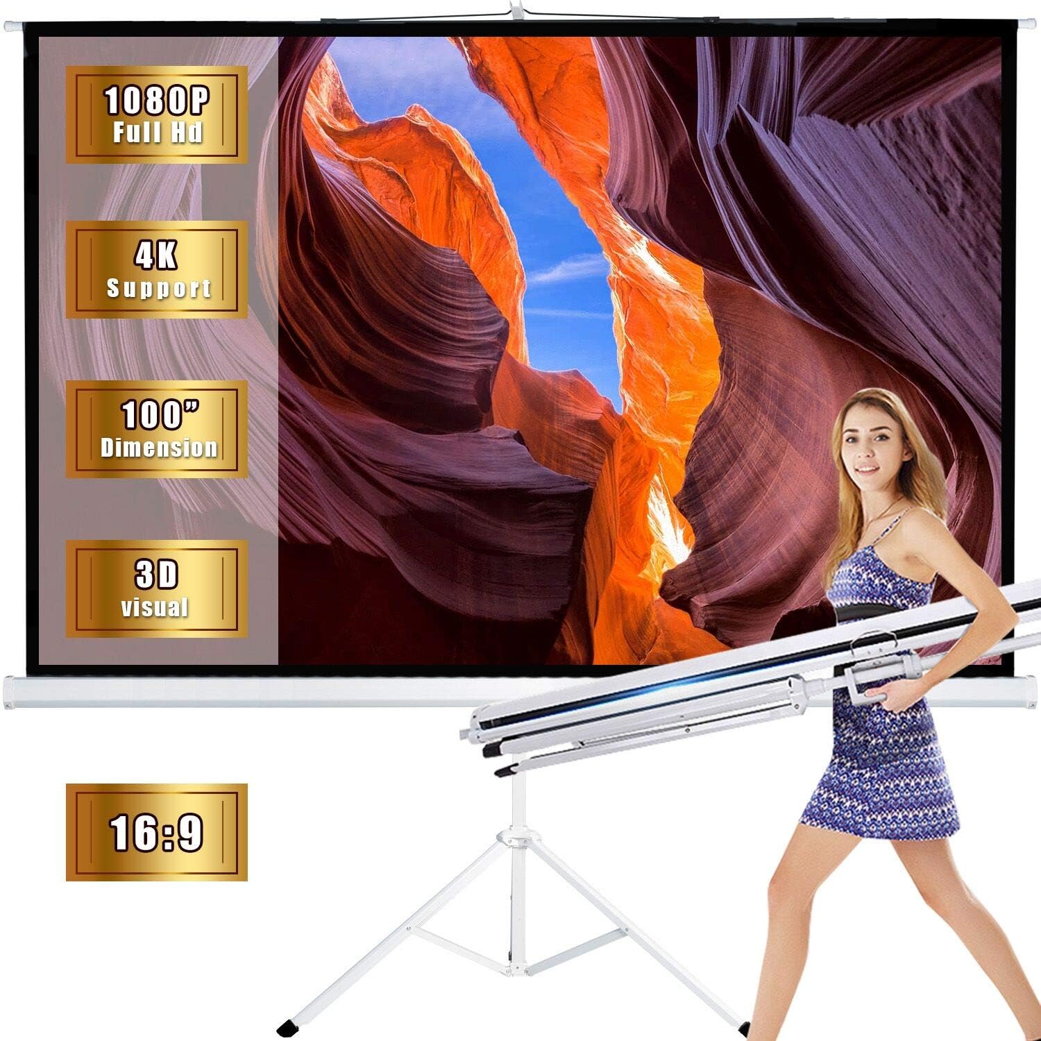 Projector Screen with Stand Outdoor Portable Pull Down Movie Screen 100 inch for Home Theater 1.3 Gain 16:9 160 Gegree Viewing Angle