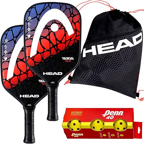 HEAD Radical Tour Classic - Paquete de 2 paletas de grafito con bolsa de cordón Tour Team, paquete de 3 pelotas Penn Outdoor Pickleballs