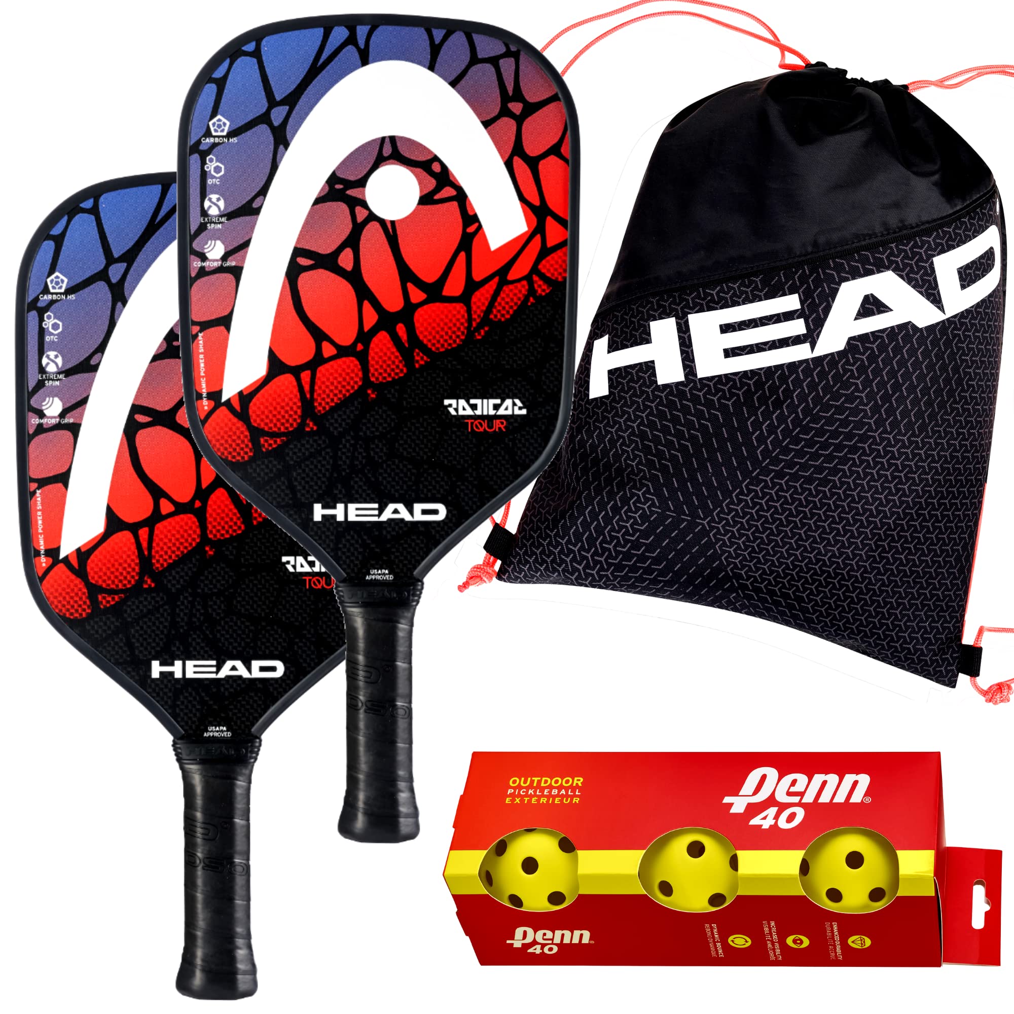 HEAD Radical Tour Classic Graphite 2 Paddle Bundle, Sports Accessories with Tour Team Drawstring Bag, 3-Pack Penn Outdoor Pickleballs