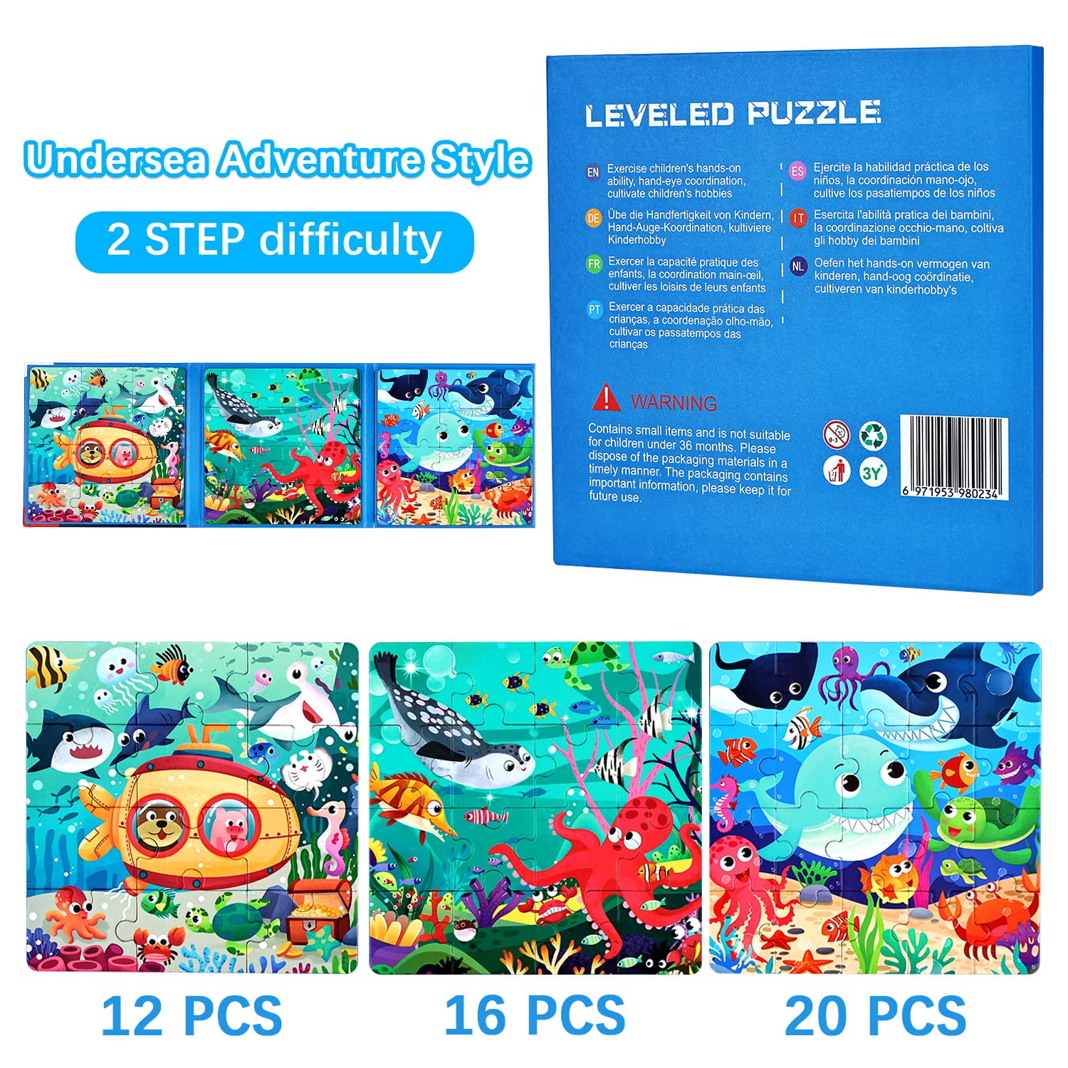 BBLIKE Puzzle Magnetici per Bambini dai 3 Anni in su, Puzzle 3-in-1, Puzzle con Animali in Legno Libro per Bambini, Giochi da Viaggio Giocattoli per Bambini di 3 4 5 Anni Ragazzi e Ragazze(oceano)