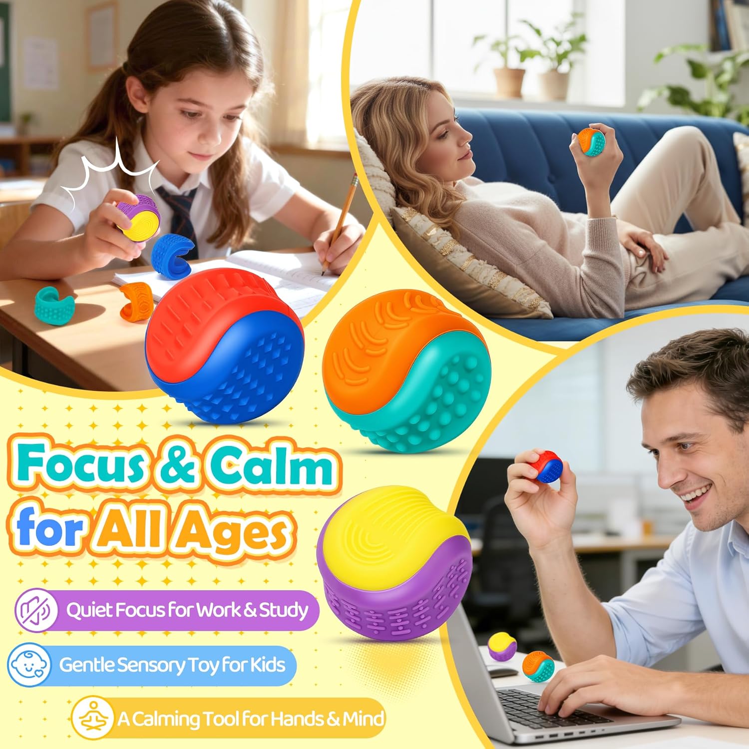 Interchangeable Sensory Fidget Balls, 3 Pack 6 Textured Halves for Mix & Match Tactile Fun, Silent Silicone Stress & Anxiety Relief Toy for Autism, ADHD, Kids Adults, Ideal for Office, Classrom Prizes