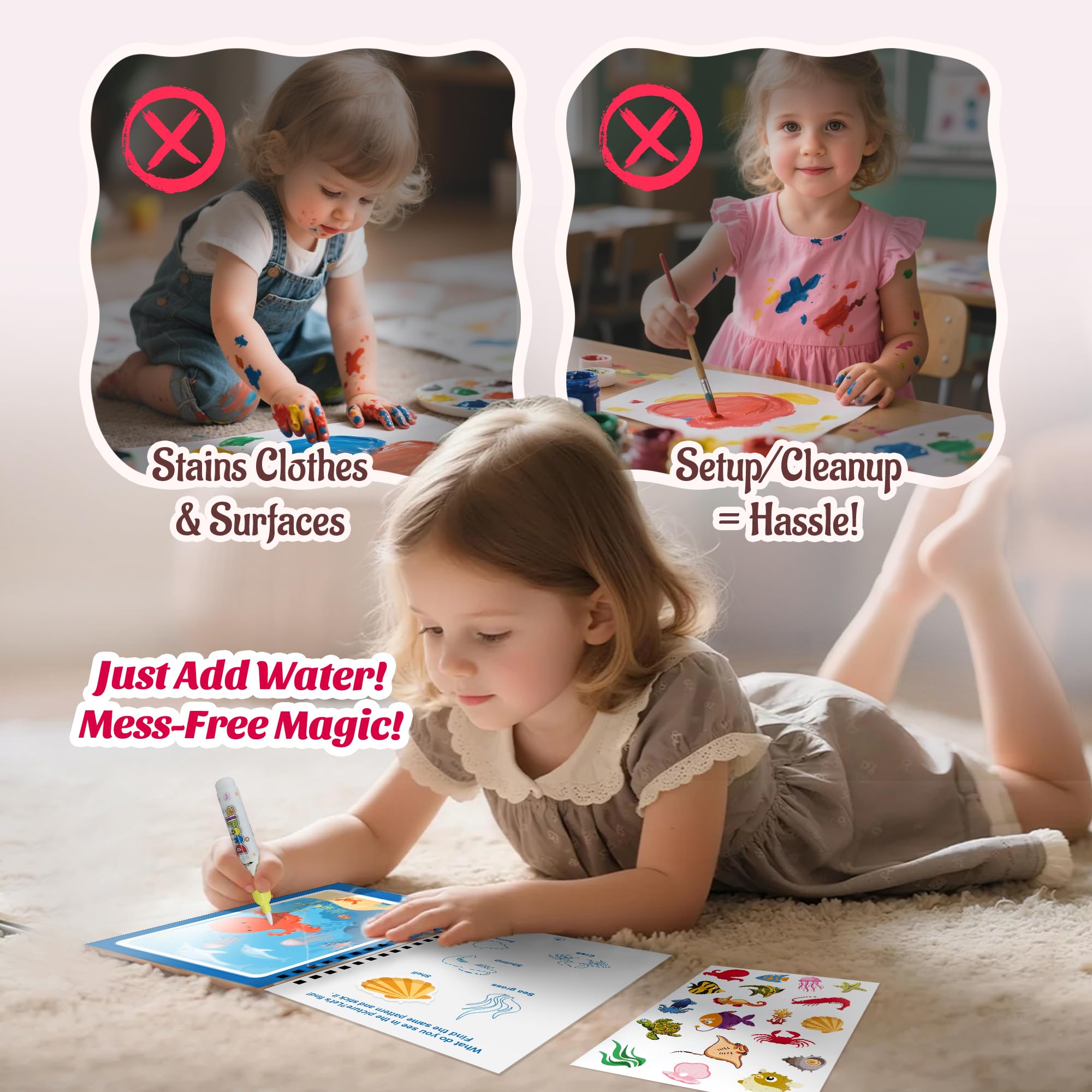 Wiederverwendbare Malbücher mit Wasser für Kinder mit 18+ Aufklebern und Stift ohne Chaos, magisches Malbuch mit Meereswelt-Thema für Kleinkinder 1–3, Malen mit Wasserbüchern für Kinder, magisches