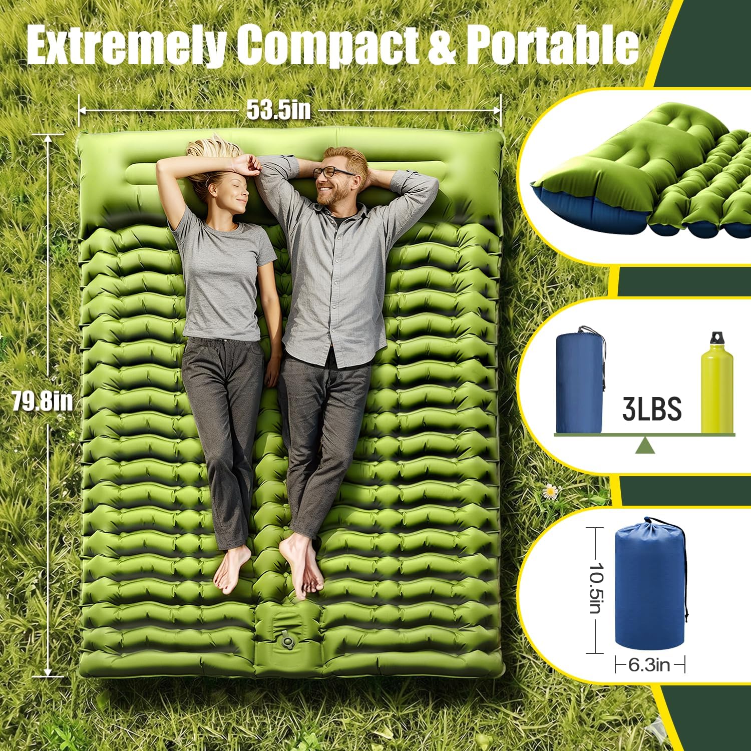 double sleeping pad - self inflating 4" extra-thick for 2 person with pillow built-in foot pump inflatable sleeping mat for backpacking, hiking, traveling, tent, portable camping mat green