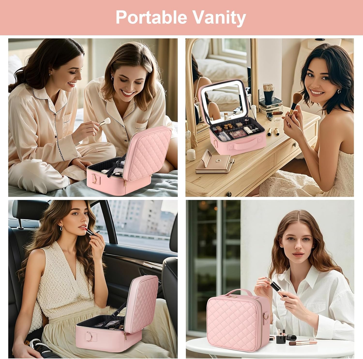 BEAUTY CASE Makeup Case with LED Light Mirror, 10 Inch Portable Travel Cosmetic Organizer Bag with Adjustable Dividers, Rechargeable, Large Capacity, Bright Lighting, Gift for Women Girls, Pink - Image 6