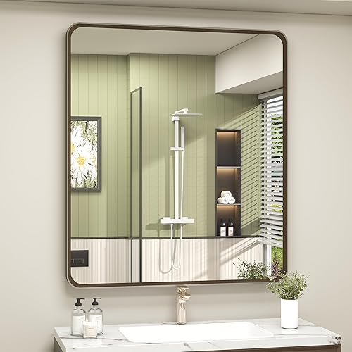 Miniatura 14 de OKPAL Espejo de Baño con Marco de Metal Negro de 40 x 36 Pulgadas para Pared, Espejo de Tocador de Baño Negro Mate, Espejo Rectangular Redondeado