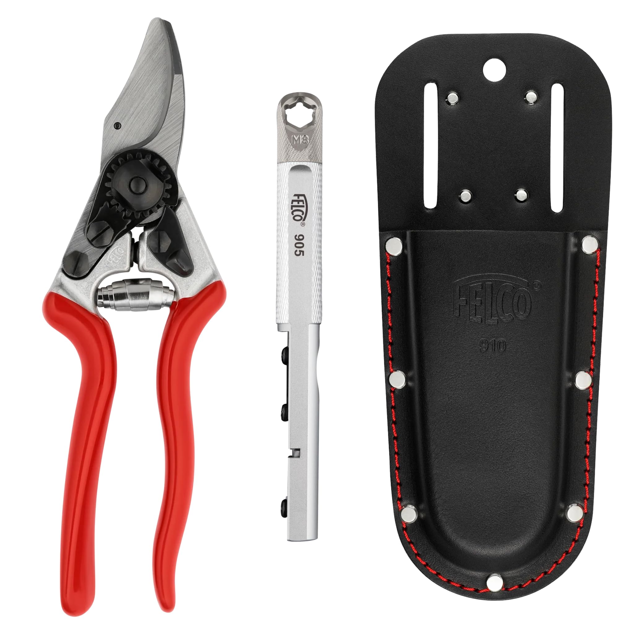 FELCO 16 Kompakte Profi-Gartenschere Bypass 20 mm für Linkshänder + Lederholster 910 Black + Multifunktions-Schärfer 905