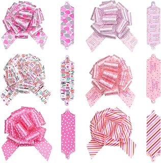 LeZakaa 12PCS Birthday Pull Bows with Ribbon - Pink Gift Bows with Balloon, Candles, Happy Birthday" Lettering Design - Perfect for Gift Wrapping, Florist, Bouquet, Basket