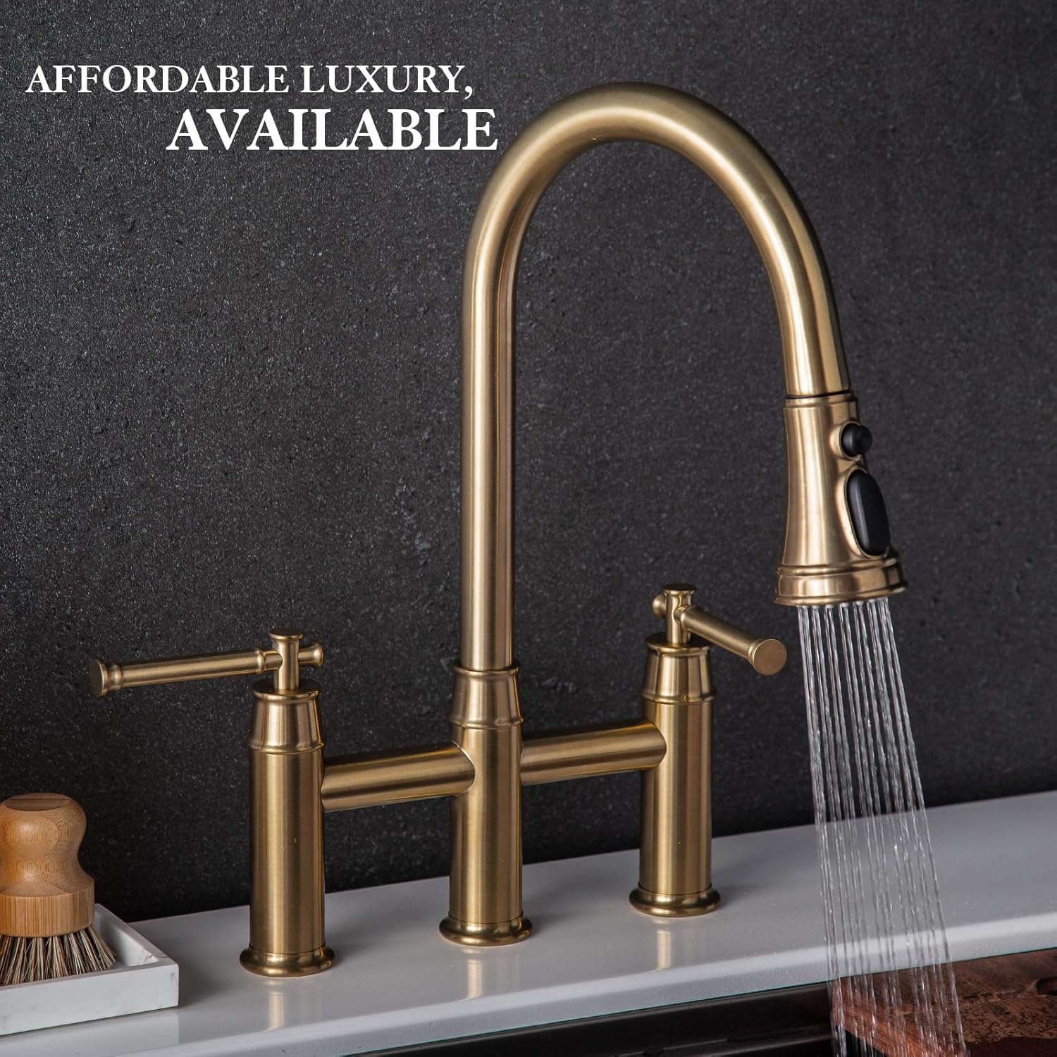 Brushed Bronze Bridge Kitchen Faucet with Pull Down Sprayer, Lava Odoro Transitional Bronze Gold Kitchen Sink Faucet 3 Hole 2 Handle Antique Brass Bridge Kitchen Faucet, KF501-BB