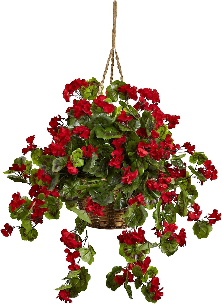 6857-RD Geranium Hanging Basket UV Resistant, Red,10.125'' x 29'' x 10.125'' | Deep Red Blooms, Lush Greenery, Wicker Hanging Basket Included, Indoor or Outdoor Use, Maintenance-Free Decor
