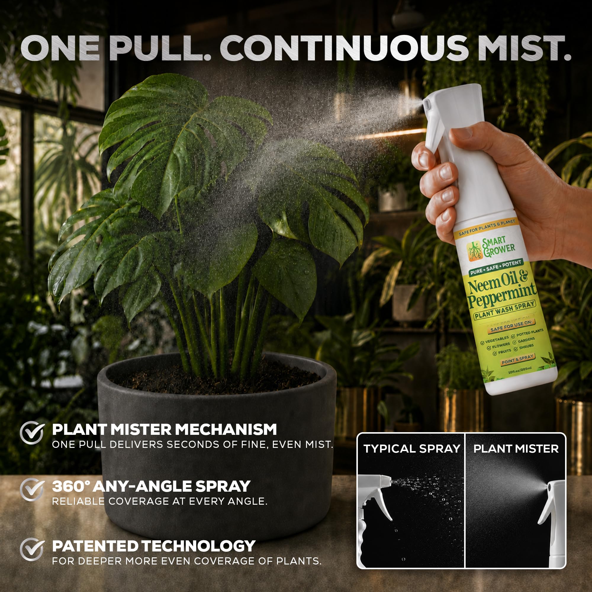 Spray de aceite de neem para plantas con aceite de menta, paquete combo recargable de niebla fina de 283,5 g + relleno concentrado de 113,4 g - Hecho 6 botellas, lavado natural para plantas