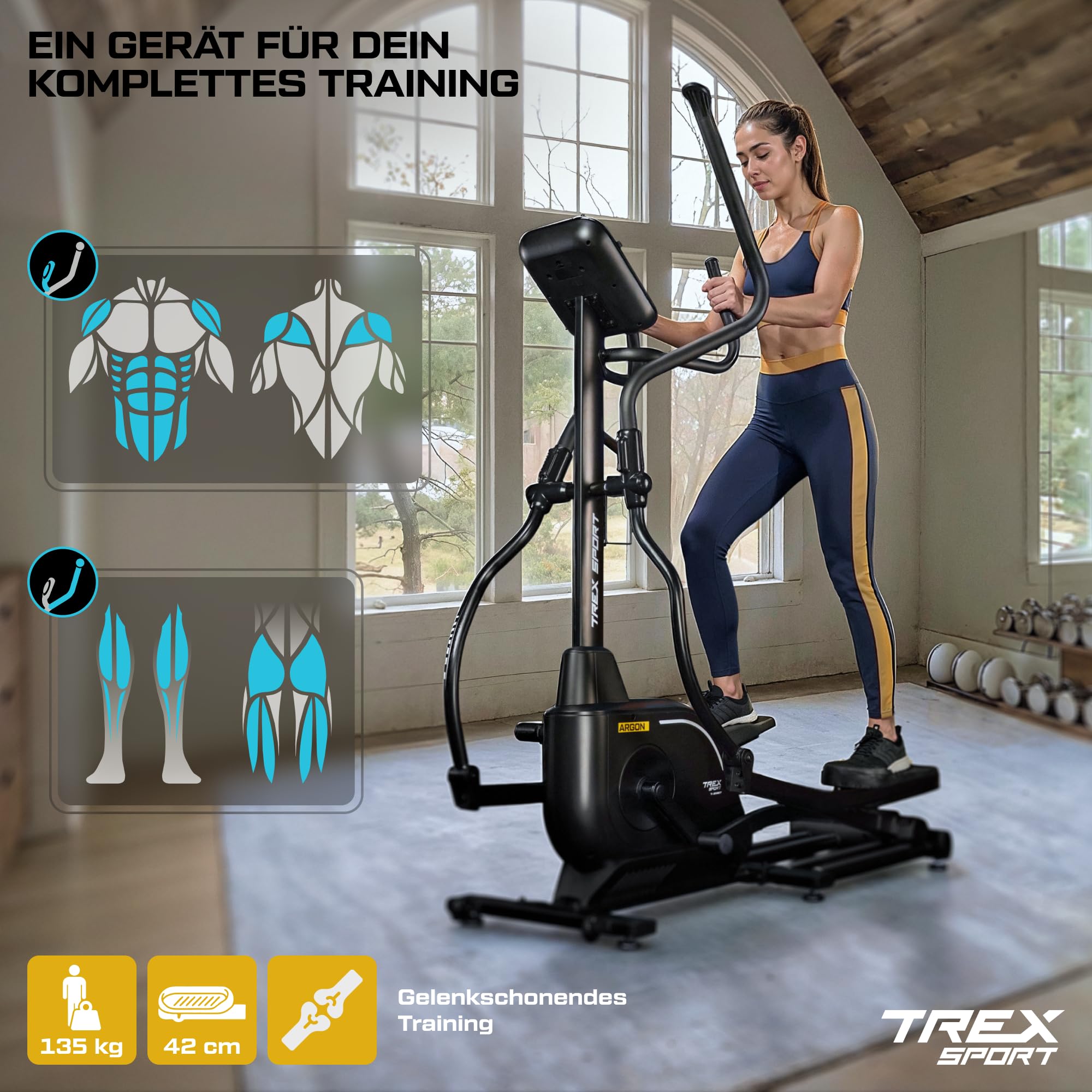 TREX SPORT Crosstrainer für zuhause Argon bis 135kg 32 Stufen Kinomap App | TX-900ECT Ellipsentrainer mit elektromagnetischem System, 18 kg Schwungrad, 32 Widerstandsstufen, 21 Programme, Schwarz