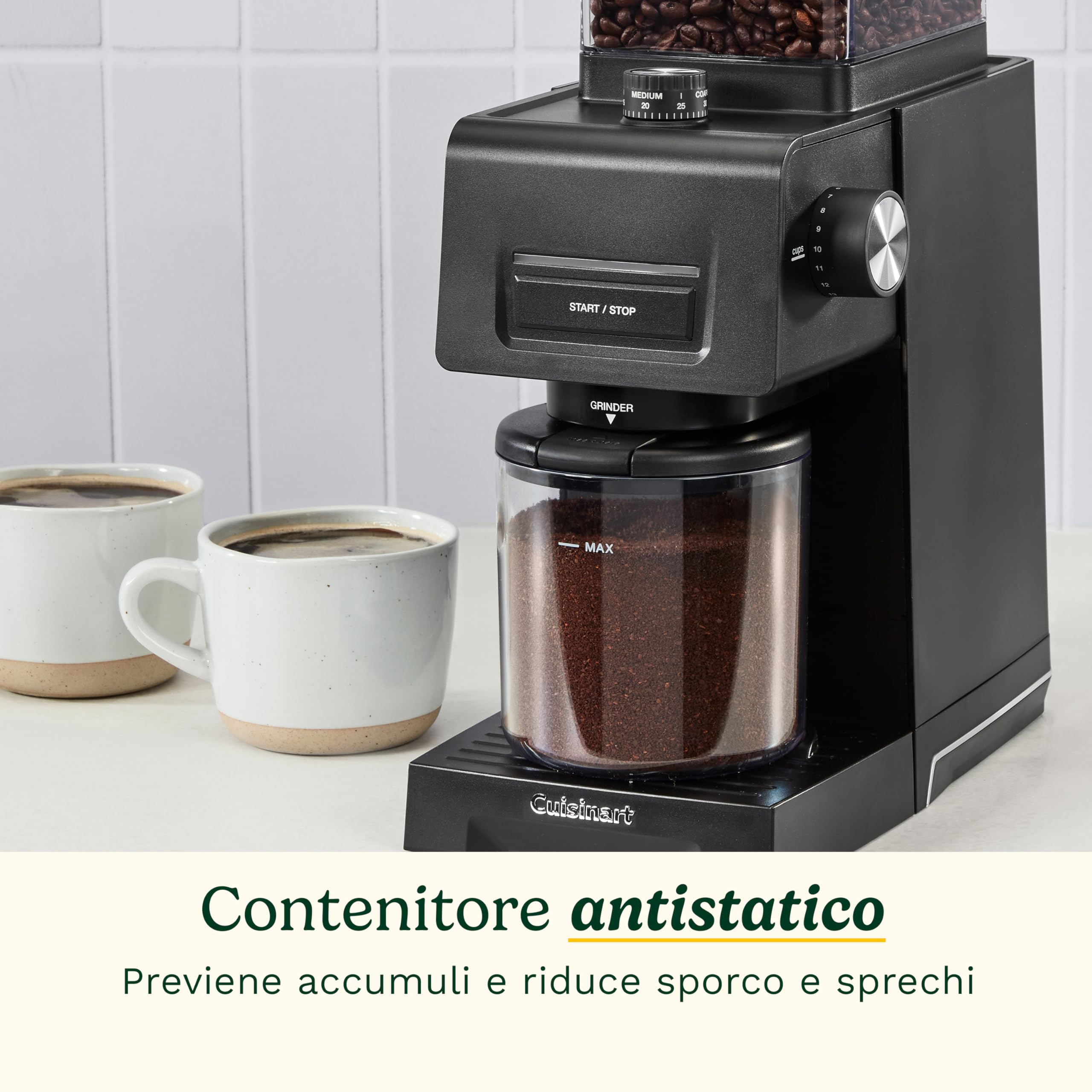 Cuisinart Macinacaffè elettrico ed espresso a macine coniche | 35 impostazioni | Contenitore 225 g | Compatibile portafiltro | Selettore 1–14 tazze | Include misurino e spazzola