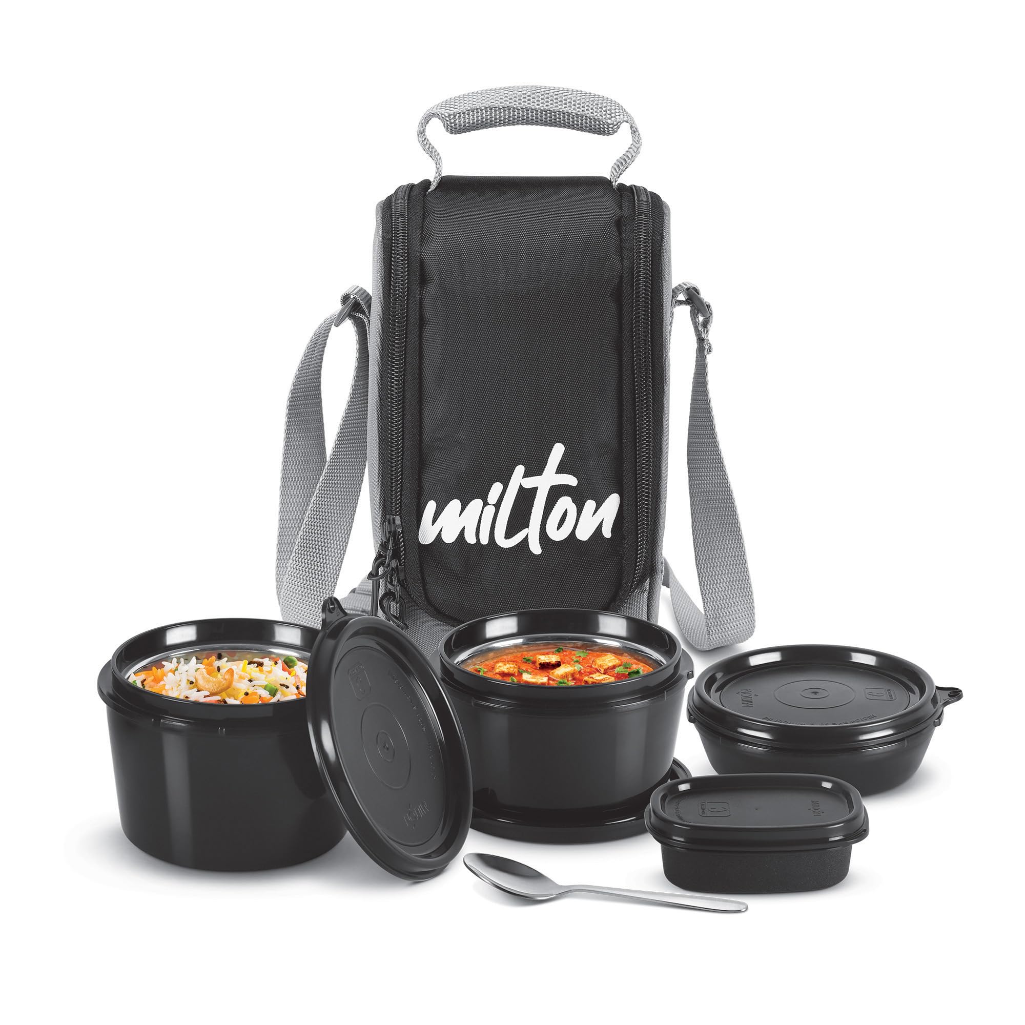 MILTON Pro Munch Tiffin (3 Microwave Safe Inner Steel Containers,180/320/450ml;1 Plastic Chutney Dabba; Steel Spoon) with Insulated Fabric Bag, Grey, Leak Proof, Odour Proof, Easy to Carry