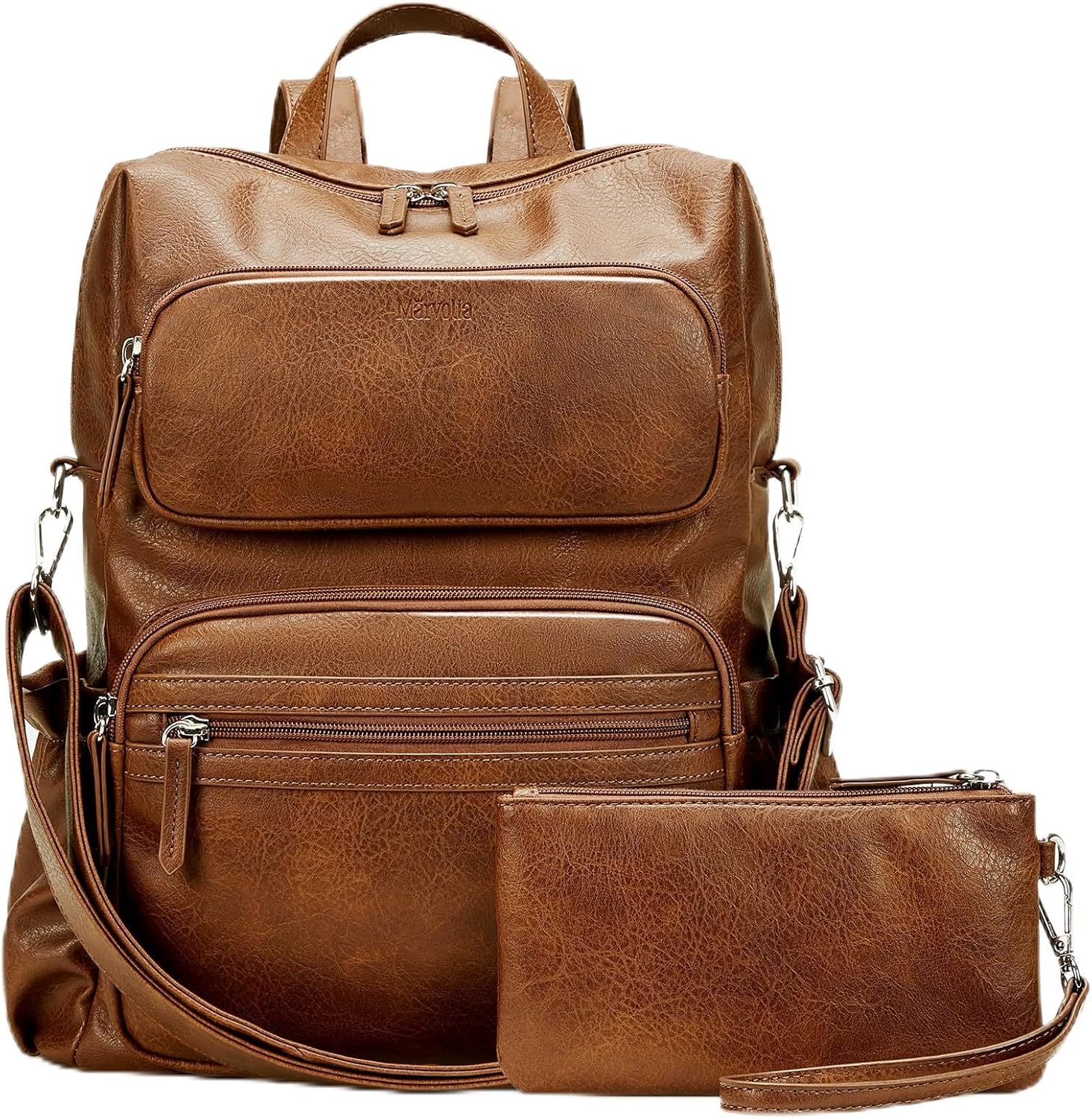 Marvolia PU Leather Backpack for Women - Vintage Womens Backpacks with Wristlet Convertible Crossbody Shoulder Bag for Daily Use Work Party - Brown
