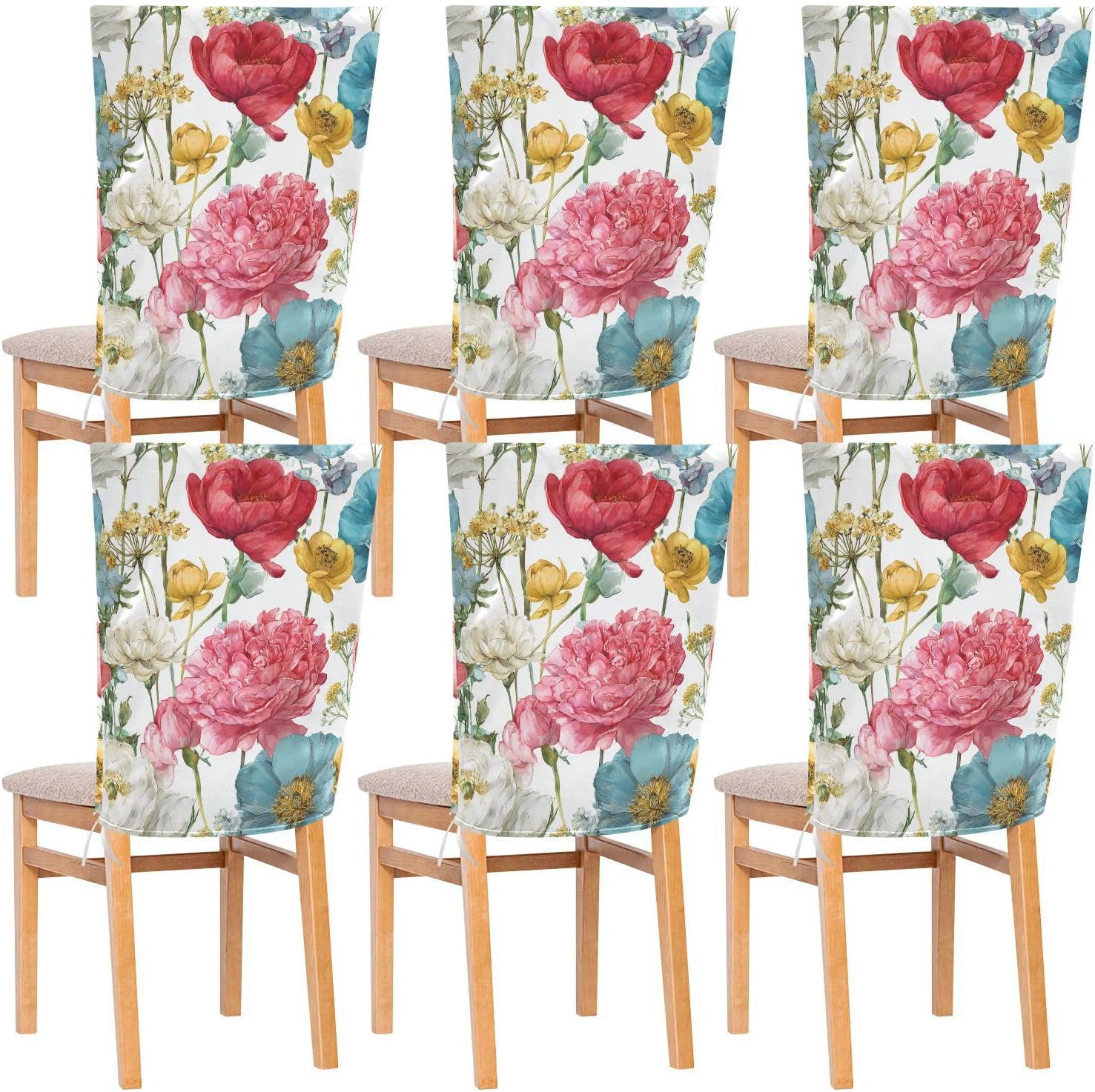 ALAZA Spring Tulips Blue Flowers Chair Back Cover Set of 6, Washable Reusable Removable Chair Slipcovers Decorative Chair Cover for Home Kitchen Wedding Party