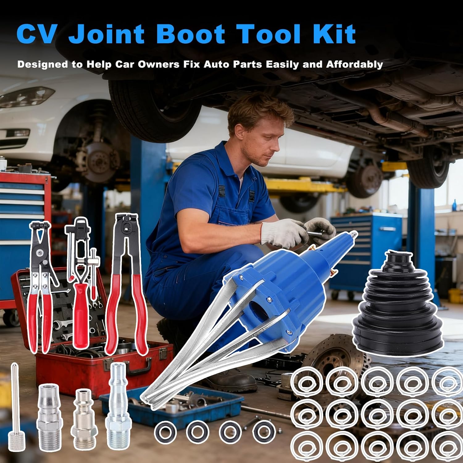 Pneumatic CV Joint Boot Expander Tool Kit,Expander Rod Spreader Installation Removal Tool with 15 Sets Clamps and 4 Air Hose Fittings for Rubber Boots Installation and Removal (Blue)