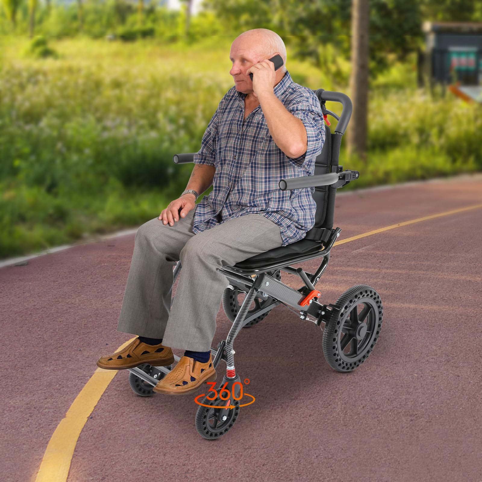 Silla de ruedas plegable de transporte, silla de ruedas, plegable, ligera, para viajes y hogar, con ruedas universales y freno de seguridad, adecuada para usuarios de 1,35-1,85 m