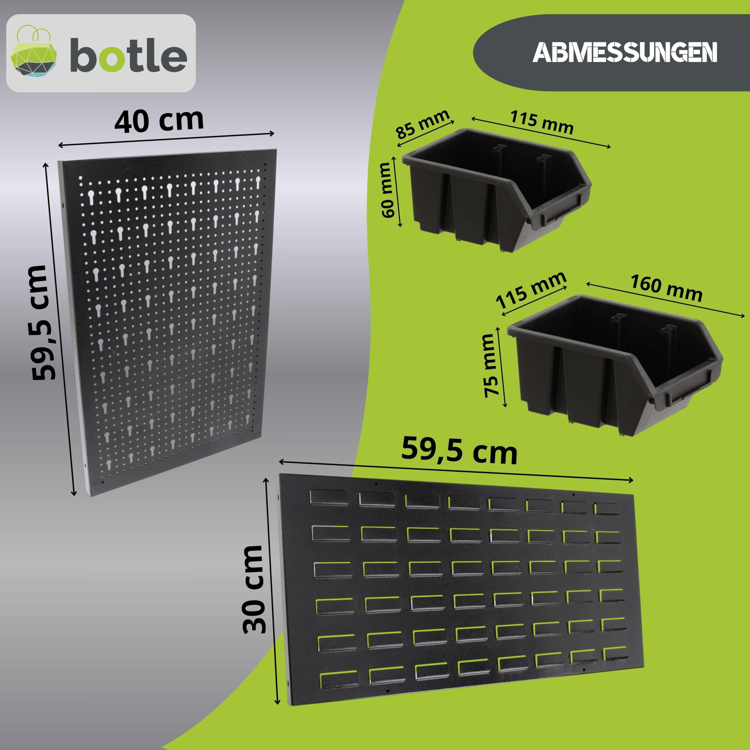 botle Pared perforada de metal, cajas apilables + estante de pared + soporte para herramientas, juego de 59 piezas, almacenamiento de piezas pequeñas, taller de pared con 32 recipientes negros