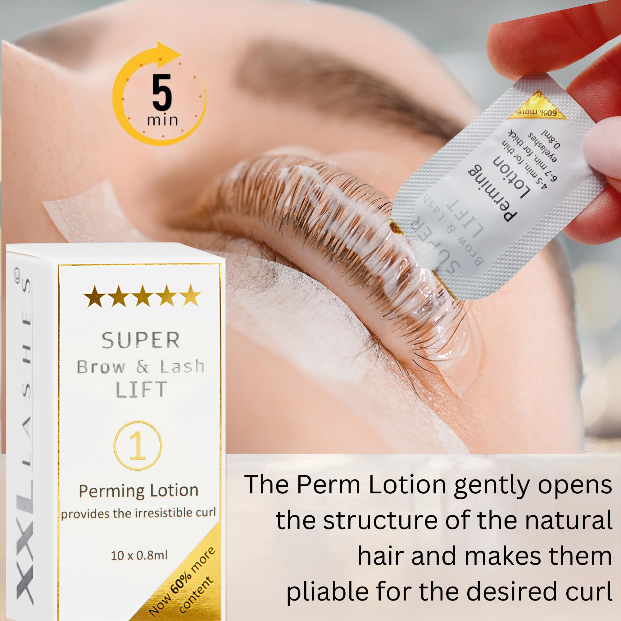XXL Lashes lozioni per lifting ciglia permanente, laminazione ciglia e sopracciglia, 10 lozioni permanenti e 10 fissanti, in bustine sterili usa e getta, senza restringimento, senza perdita di durata