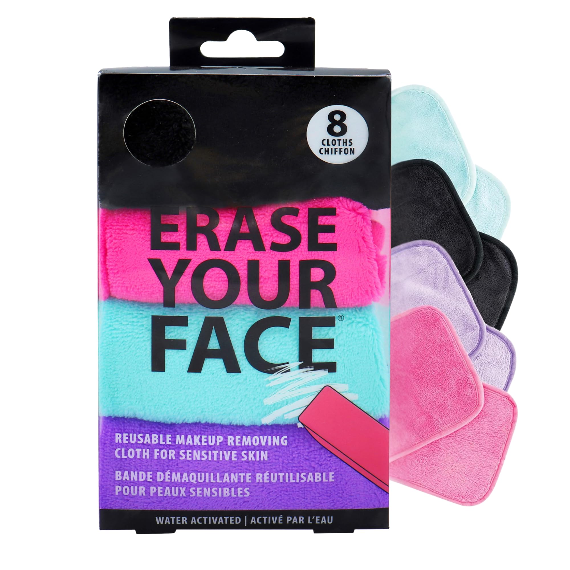 ERASE YOUR FACE Erase Your Face Make Up Removing Cloths, black, blue, pink, purple (8 count)