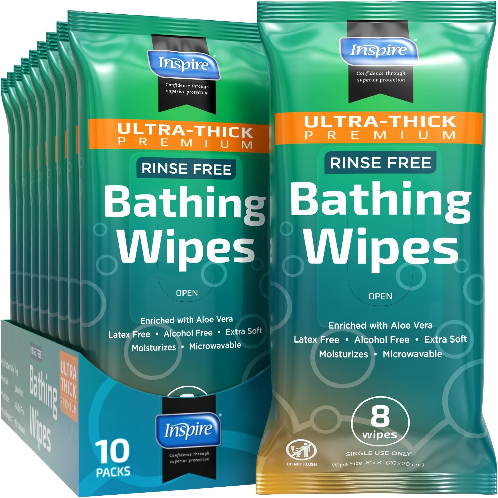 Inspire Ultra Thick Rinse-Free Bath Towels | Shower Towels - Flush-Free Wet Wipes with Aloe | Thick Strong Extra Large Towel for Adults | Body Wipes for Adults Bathing