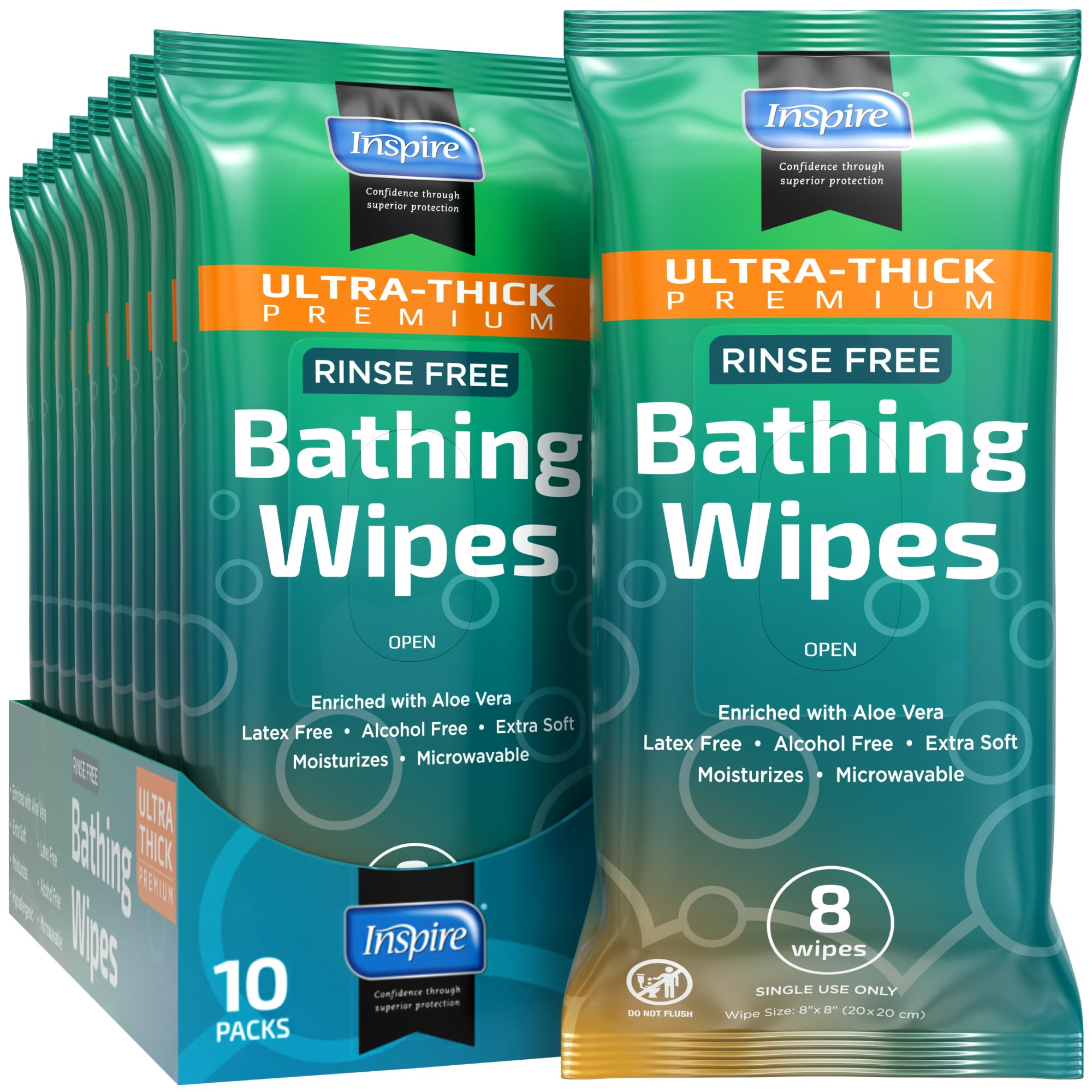 Inspire Ultra Thick Rinse-Free Bath Towels | Shower Towels - Flush-Free Wet Wipes with Aloe | Thick Strong Extra Large Towel for Adults | Body Wipes for Adults Bathing