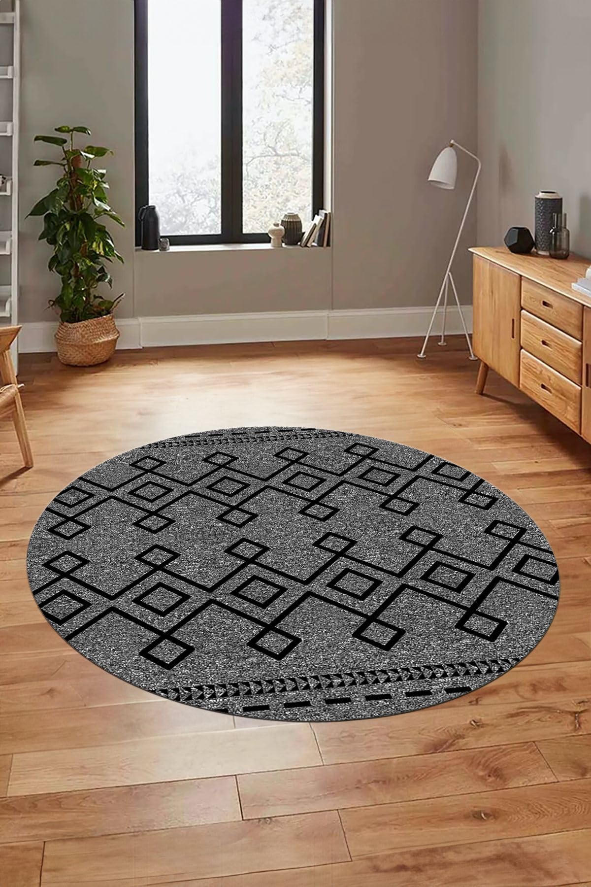 Evdeya Sade Desen Özel Tasarım Kaymaz Taban Yıkanabilir Yuvarlak Mutfak Salon Halısı Y-MODERN-87, Gri, 60 x 60