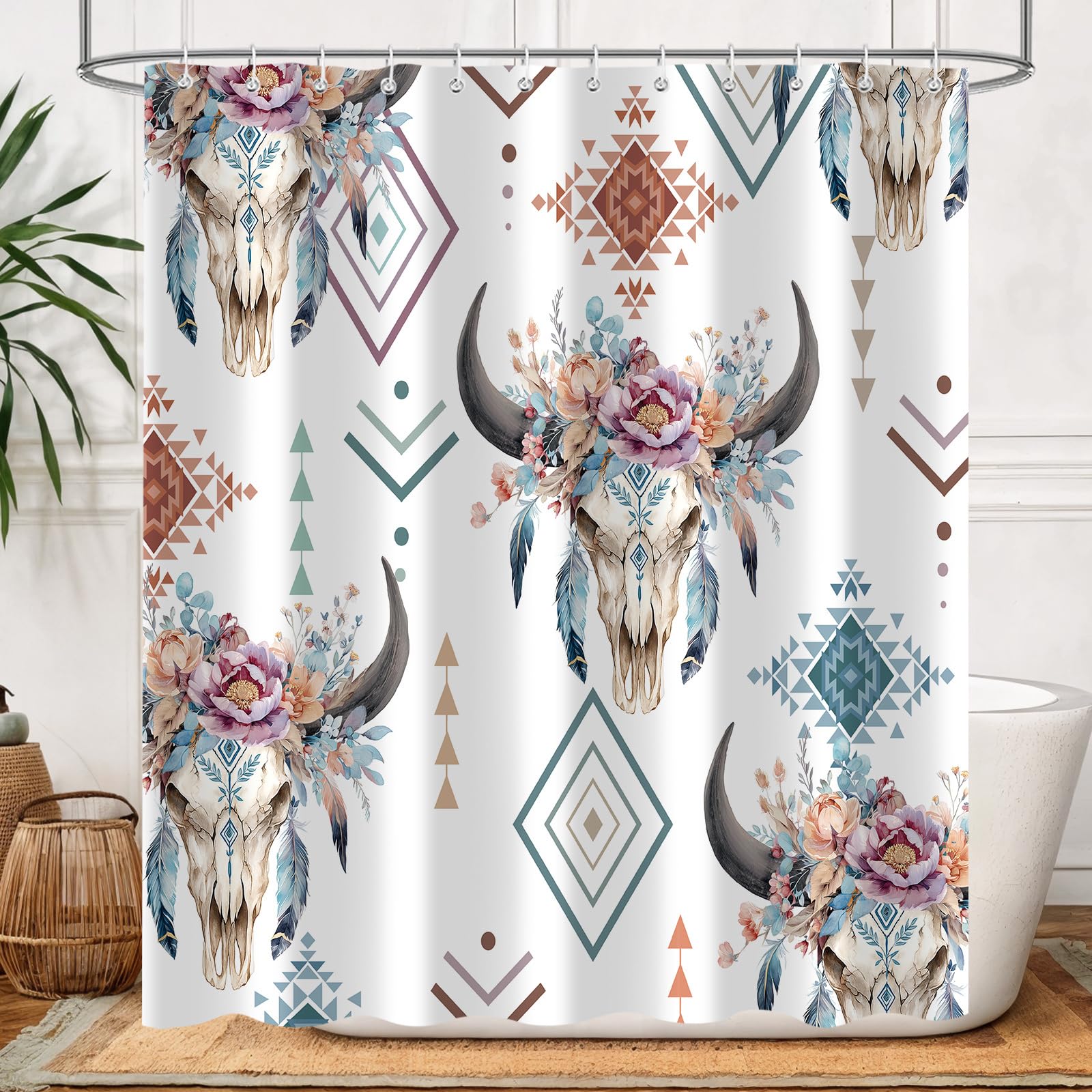 Duschvorhang, Motiv: Westernkuh, Totenkopf, 182,9 x 182,9 cm, wasserdichter Stoff mit 12 Haken, Retro-Boho-Stil, Bauernhaus, Kuh, Longhorn, Totenkopf, Blume, Badezimmer-Dekor