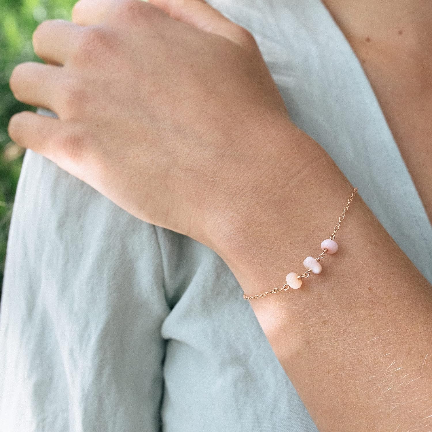 Pink Peruvian Opal Beaded Chain Bracelet in 14k Rose Gold Fill