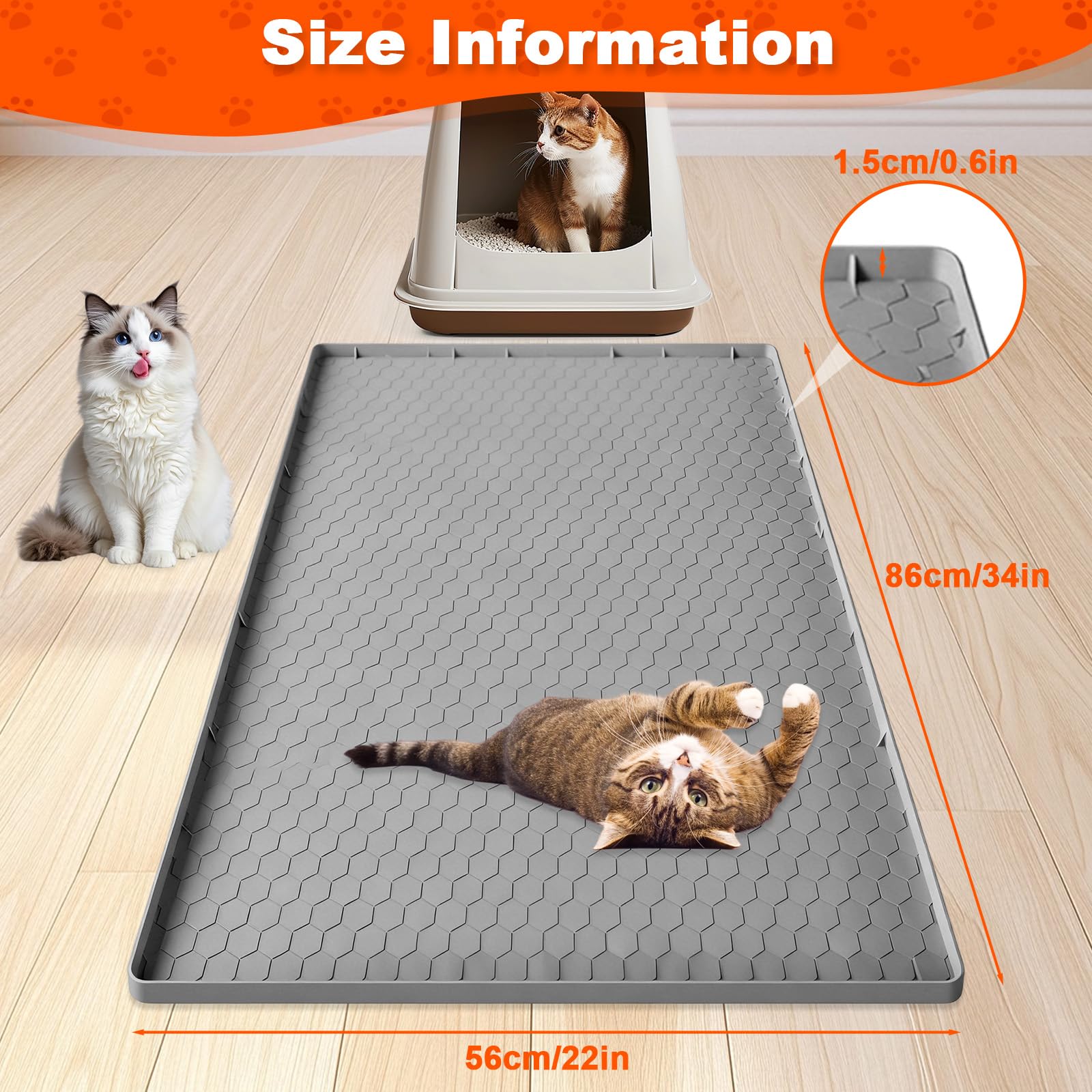 Tappetino Lettiera Gatto per Gatti con Bordi Rialzati, Tappeto Silicone Extra Grande 86x56cm, Mat Alimentare Morbido Sulle Zampe & Facile Pulire, Protezione Impermeabile Antiscivolo Resistente(Grigio)