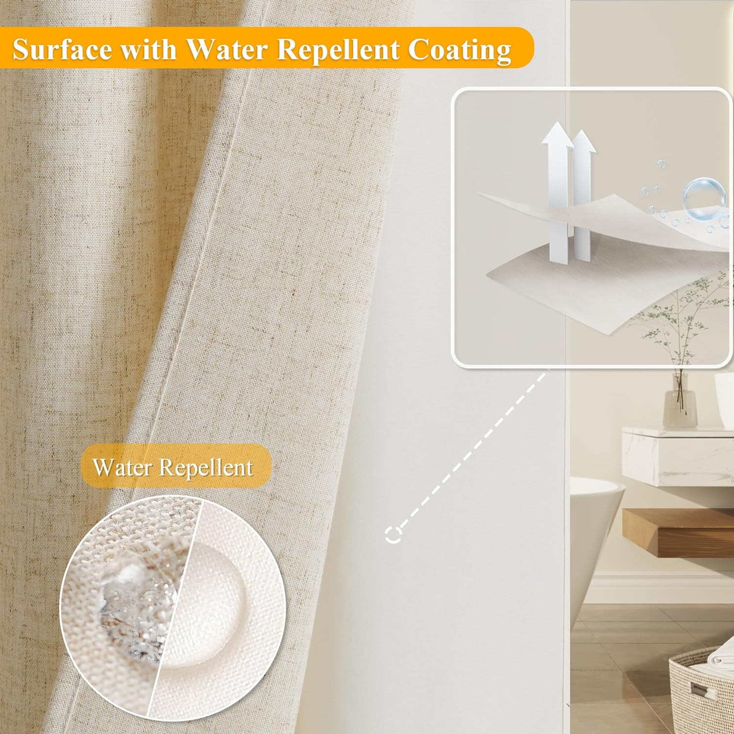 No Hooks Needed Linen Shower Curtain and Liner Set,Beige Hotel Luxury Decor Shower Curtains for Bathroom with See Through Top Window,Water Resistant Fabric,72Wx87L,Cream