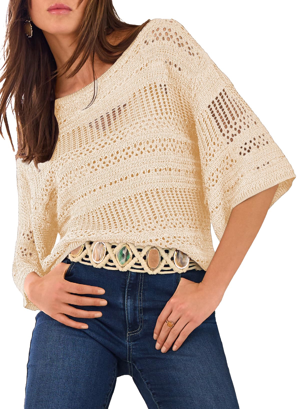 EVALESS Womens Spring Summer Tops 2026 Fashion Trendy Casual Half Sleeve Crochet Hollow Out Sweaters Beach Vacation Clothes