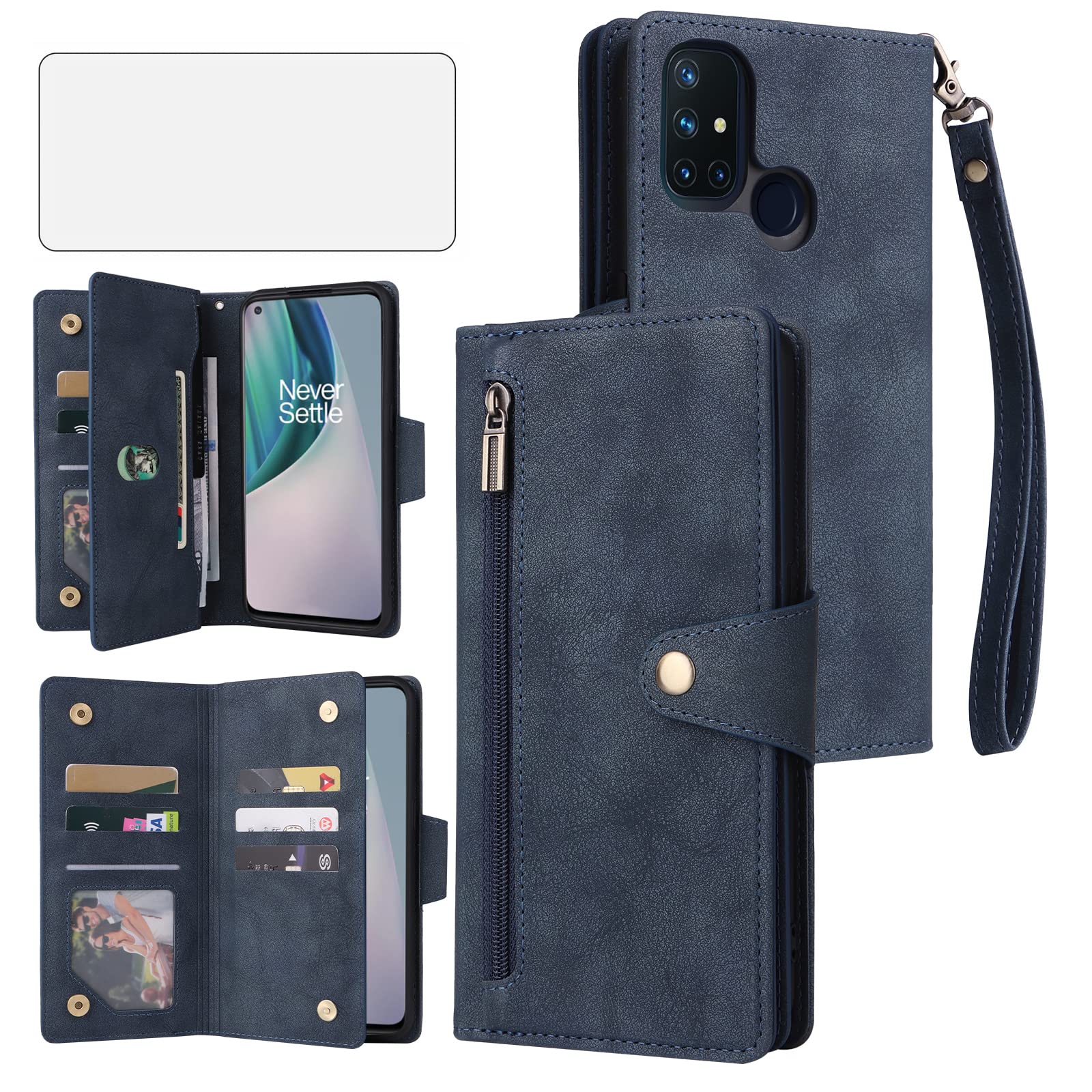 Asuwish Phone Case for OnePlus Nord N10 5G Wallet Cover and Tempered Glass Screen Protector Leather Flip Credit Card Holder Stand Cell One Plus N 10 G5 1 Plus 10N 1plus One+ 1+ N105G Women Men Blue