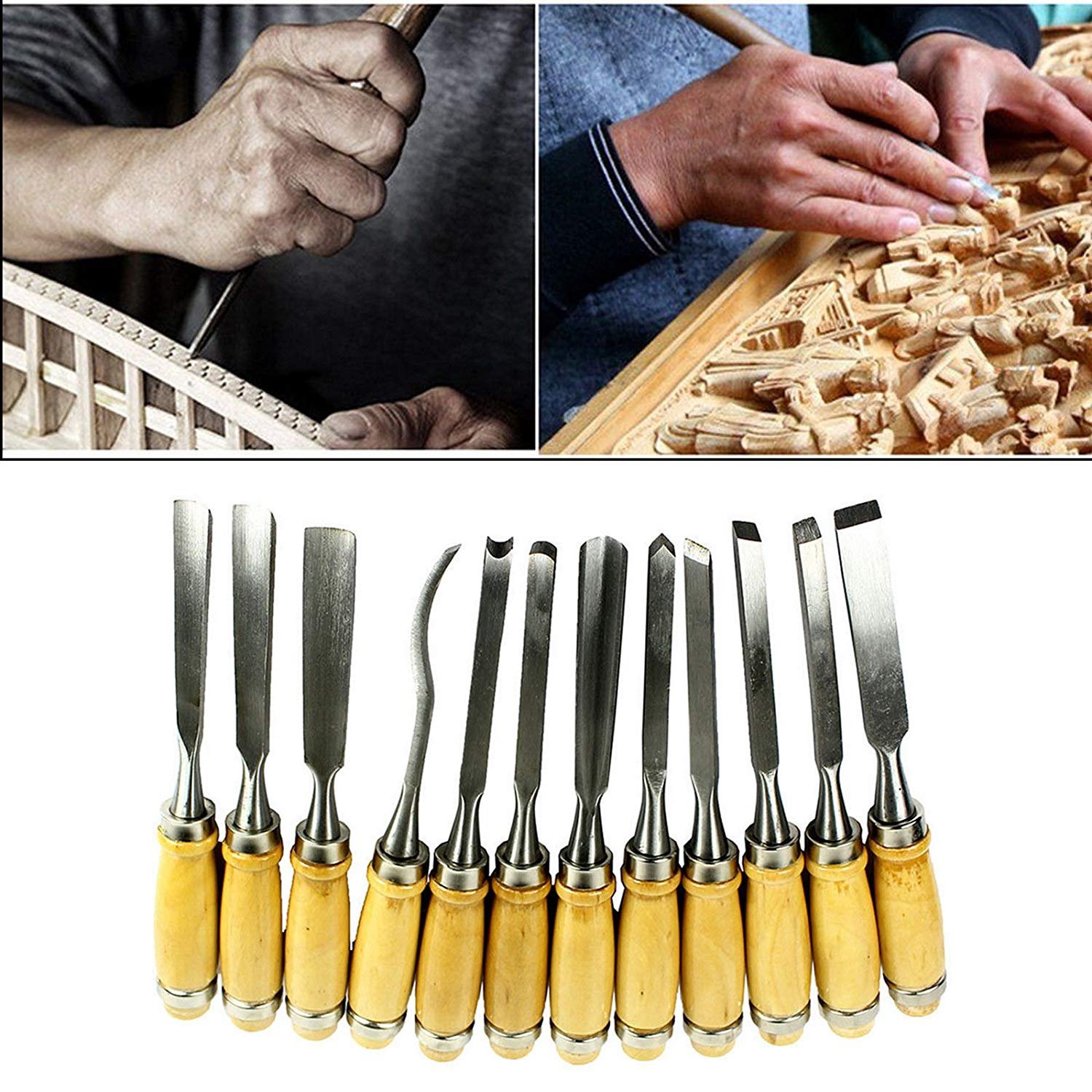 Jeu De 12 Burins à Main Pour Sculpture Sur Bois KSTE - Outils Bois Professionnels Avec Sac Rangement