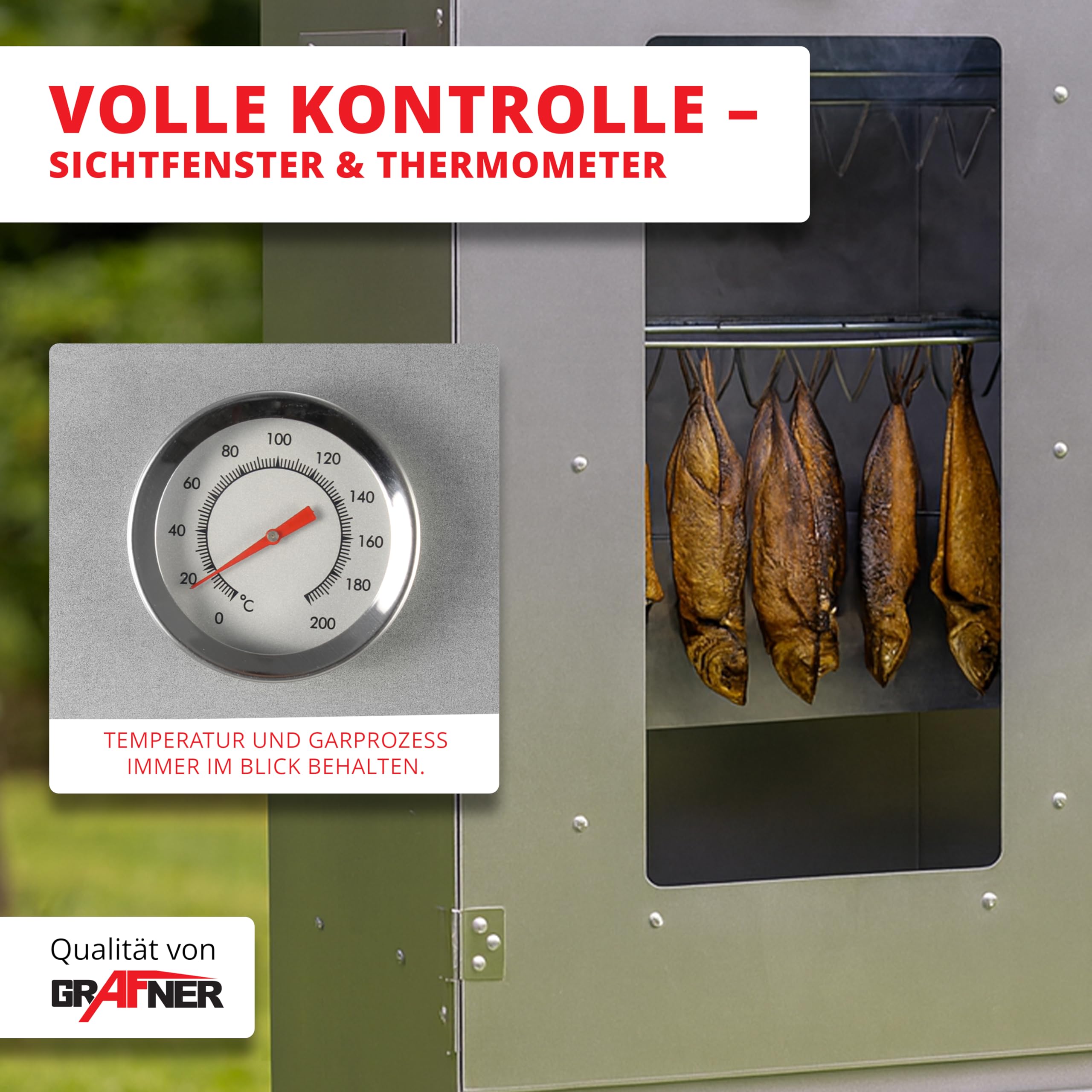 Grafner XL Räucherofen mit 3 Etagen, Sichtfenster und Thermometer, legierter Stahl, 12x Haken, Räucherschrank zum Heißräuchern und Kalträuchern, Smoker für Fisch Fleisch Käse Gemüse