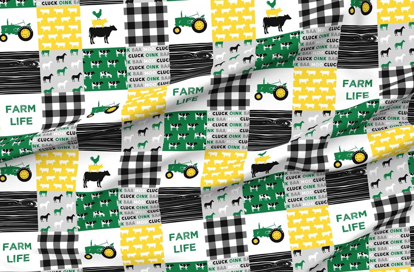 Spoonflower Fabric - Farm Life Wholecloth Green Yellow Black Woodgrain Patchwork Horse Printed on Organic Cotton Sateen Fabric by The Yard - Sewing Quilting Apparel Home Decor