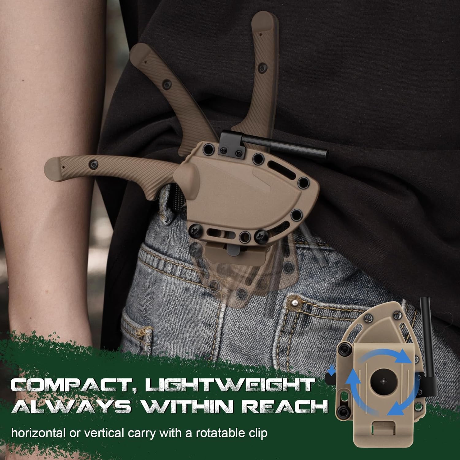 Small Hunting Knife HO-YN, Compact Fixed Blade Knife with Gut Hook, Rotating Clip & Whistle for Fishing & Outdoor (Khaki)