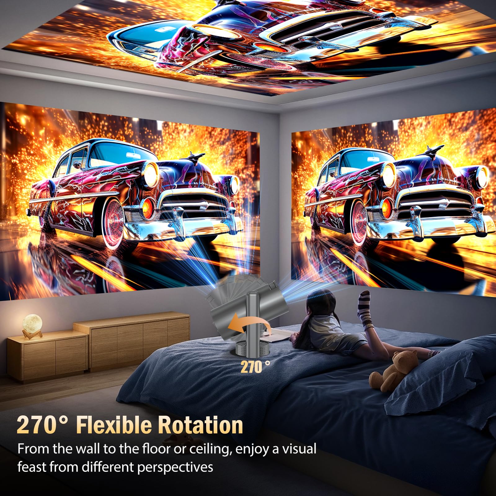 Vidéoprojecteur 4K, Mini Projecteur avec WiFi 6 BT5.4, 270° Rotation, Correction Trapézoïdale, Base de Son, Compatibile avec HDMI/USB/PS5, Retroprojecteur Portable pour Chambre, Maison et Extérieur