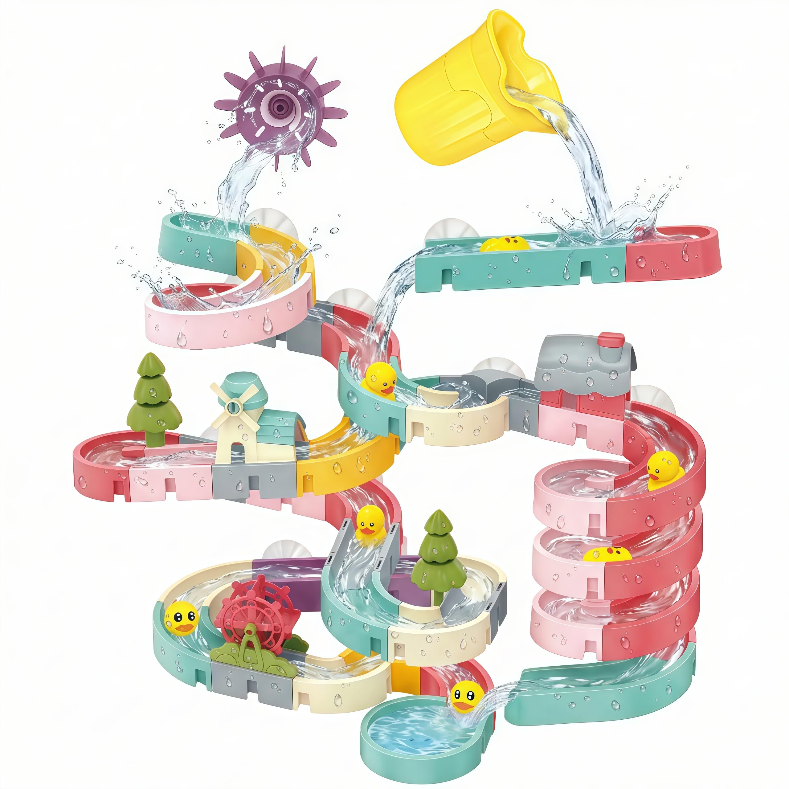 Vivyklfc 72 Pcs Water Track Bath Toy, DIY Building & Water Play Set including Suction Cups, Spinning Windmill