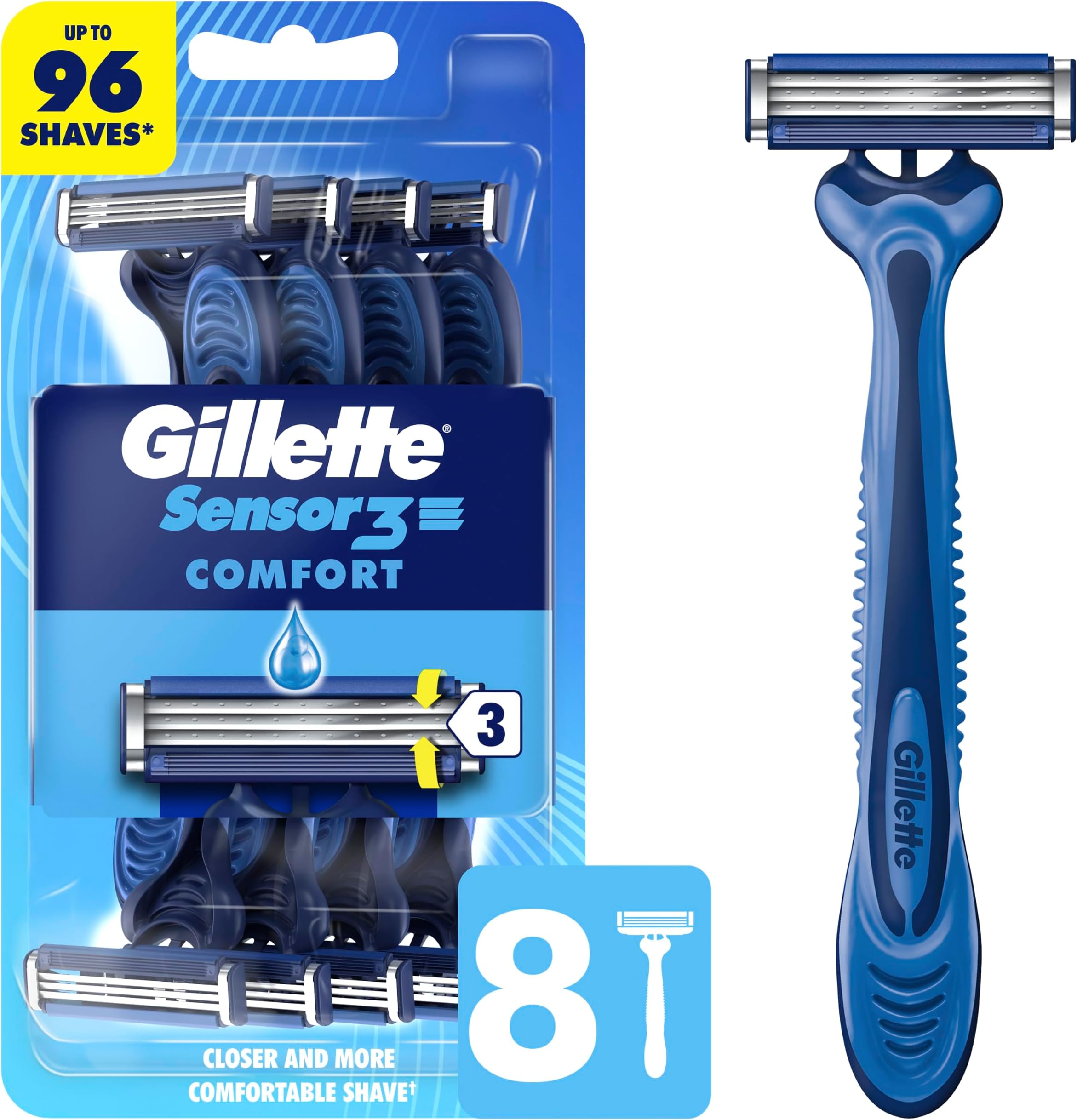 Gillette Sensor3 Comfort Disposable Razors for Men, 8 Count, Lubrastrip Glides Easily Over Your Skin