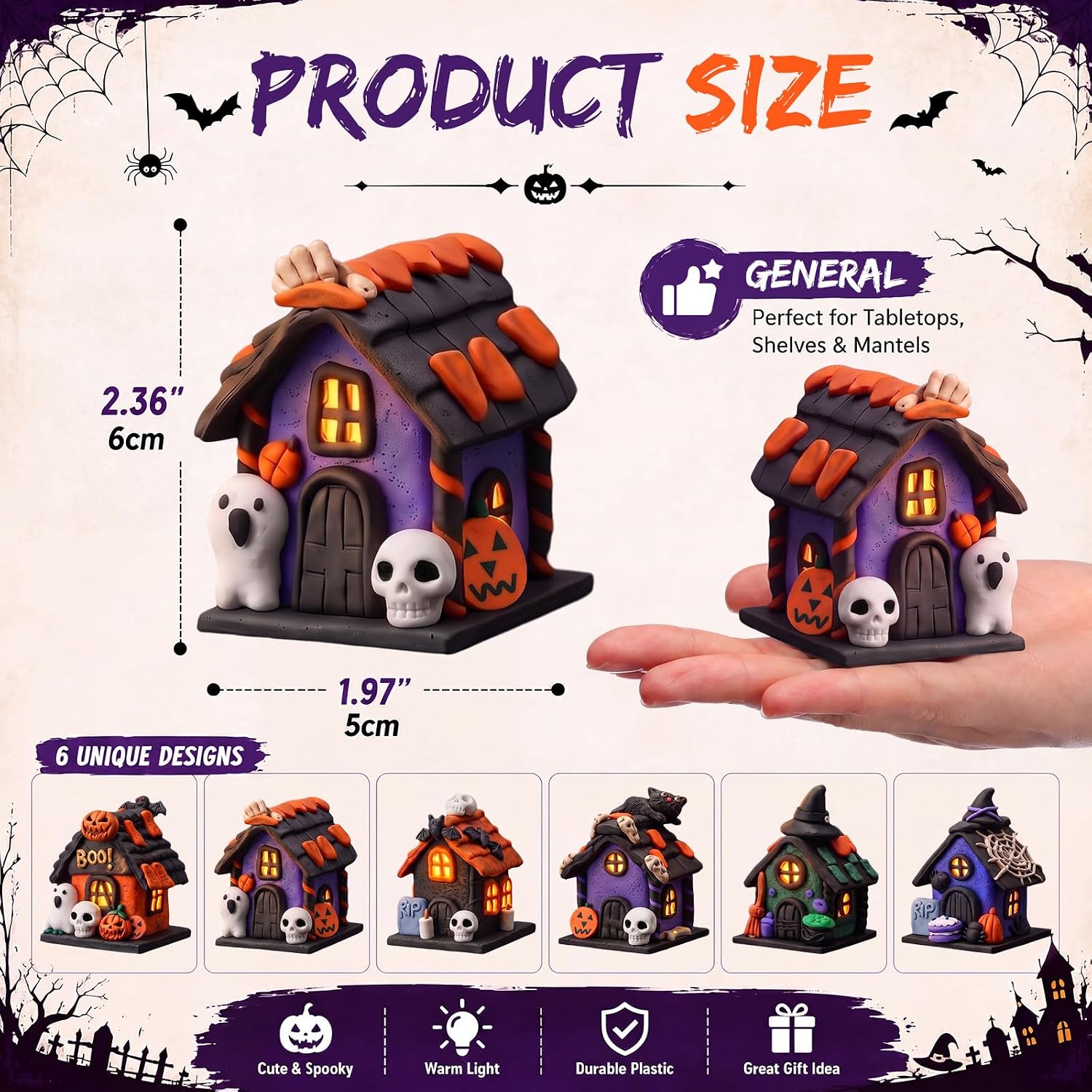 Thyle 12 Pcs Halloween Village Accessories Mini 2.36 Inch Lighted Houses